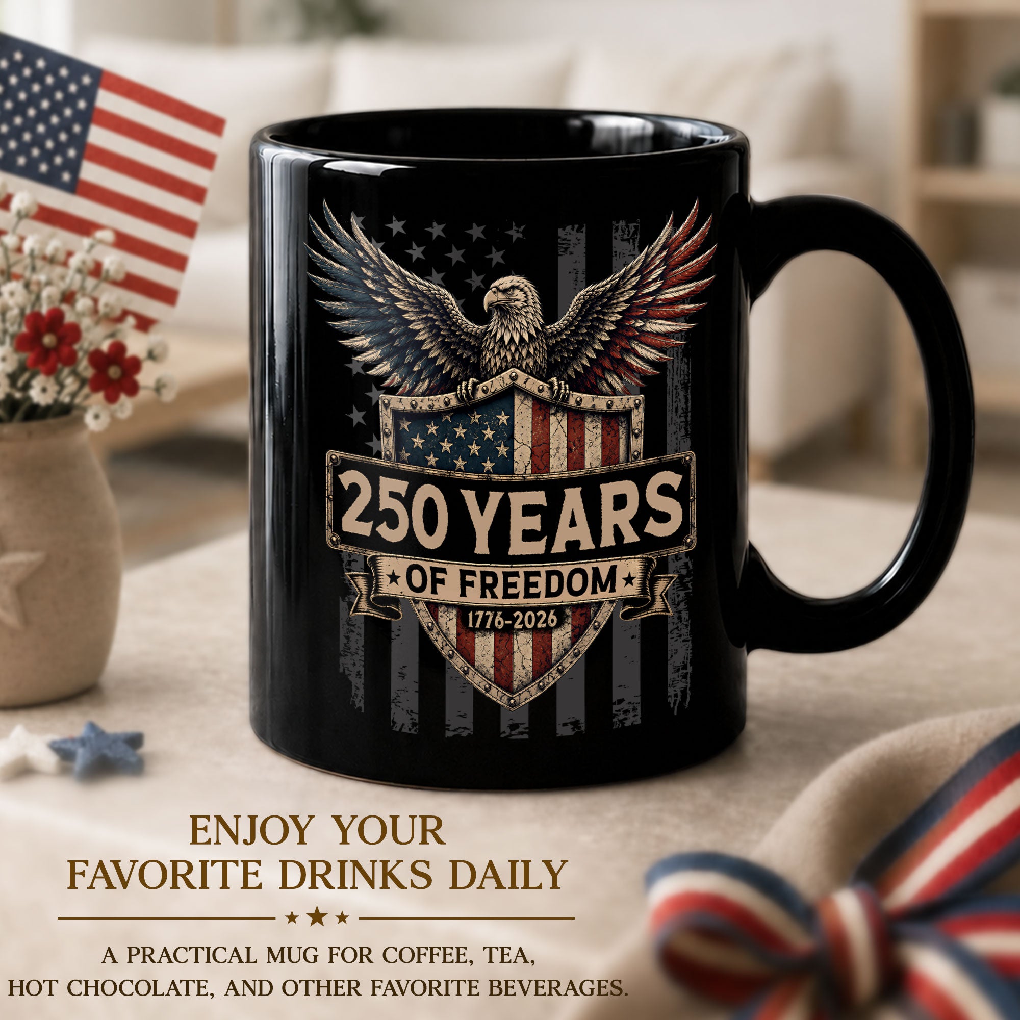 250 Years of Freedom Mug Patriotic American Eagle 1776-2026 US Flag Shield Ceramic Gift