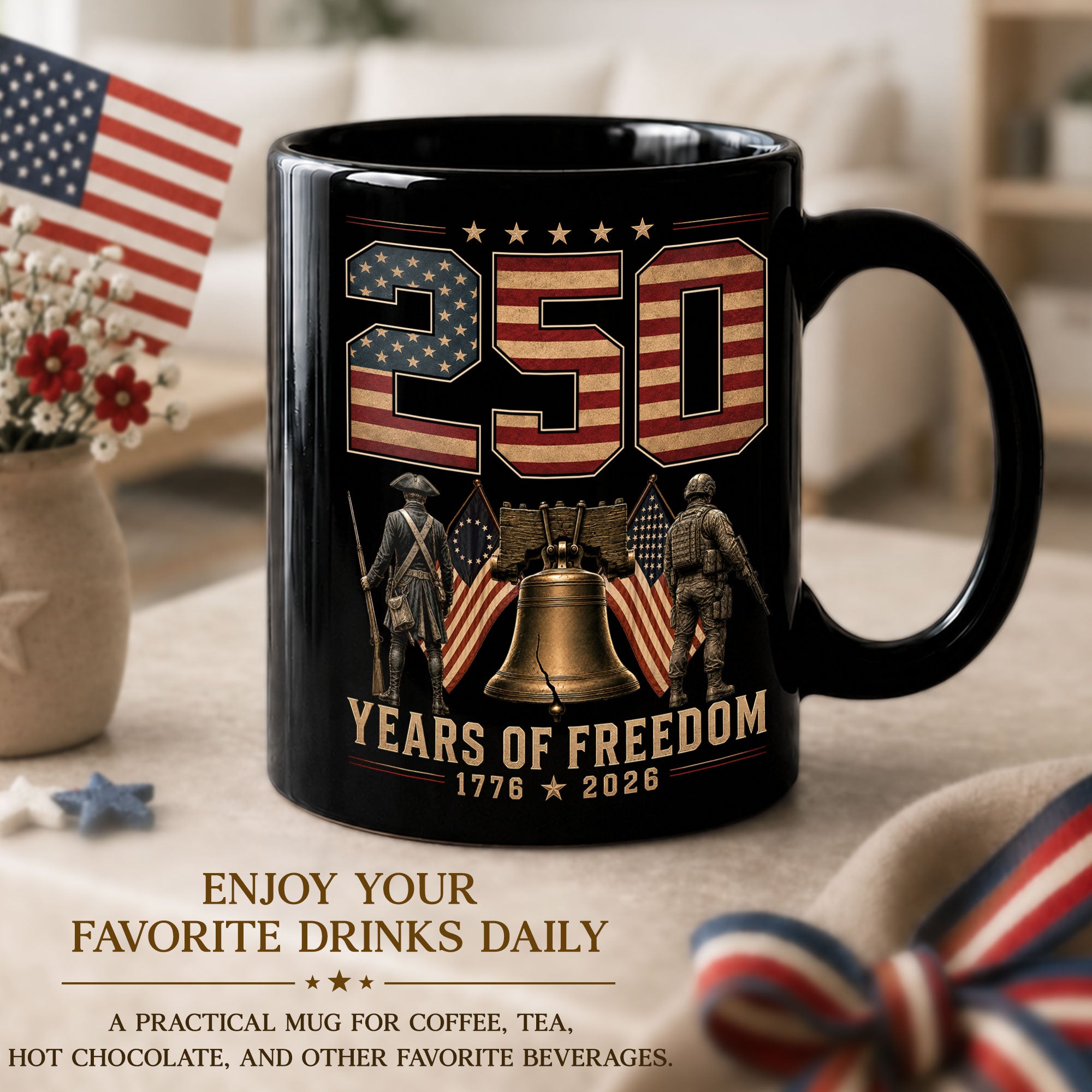 250 Years of Freedom Mug Liberty Bell Patriotic 1776-2026 Revolutionary Soldier Ceramic Cup