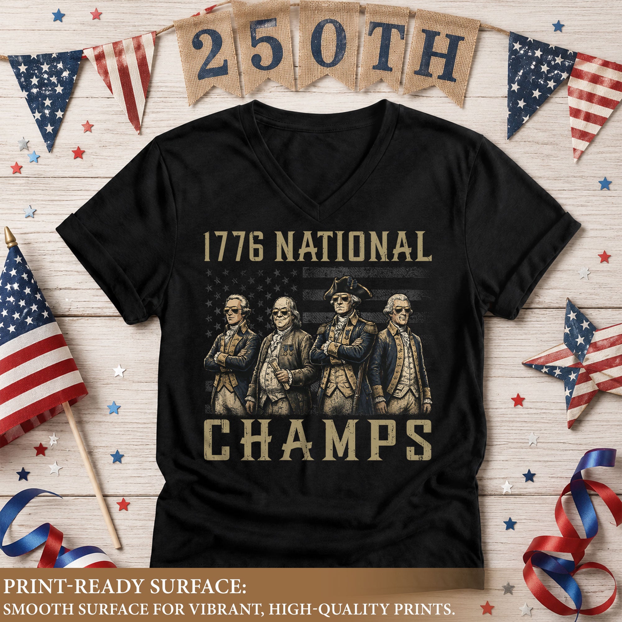 1776 National Champs Women  V-Neck T-Shirt - Cool Founding Fathers American Flag Graphic