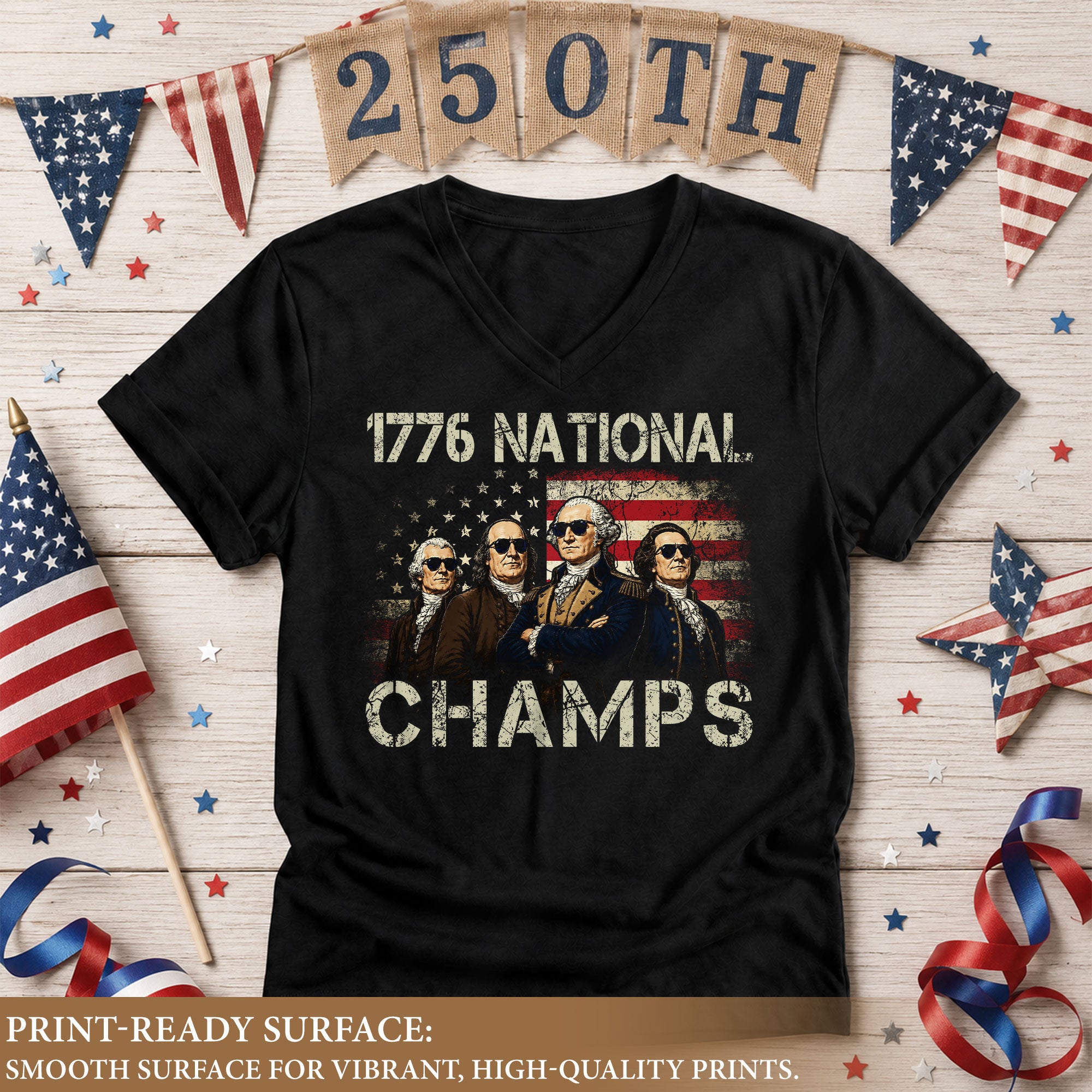 1776 National Champs Women  V-Neck T-Shirt - Retro Founding Fathers American Flag Design Tee