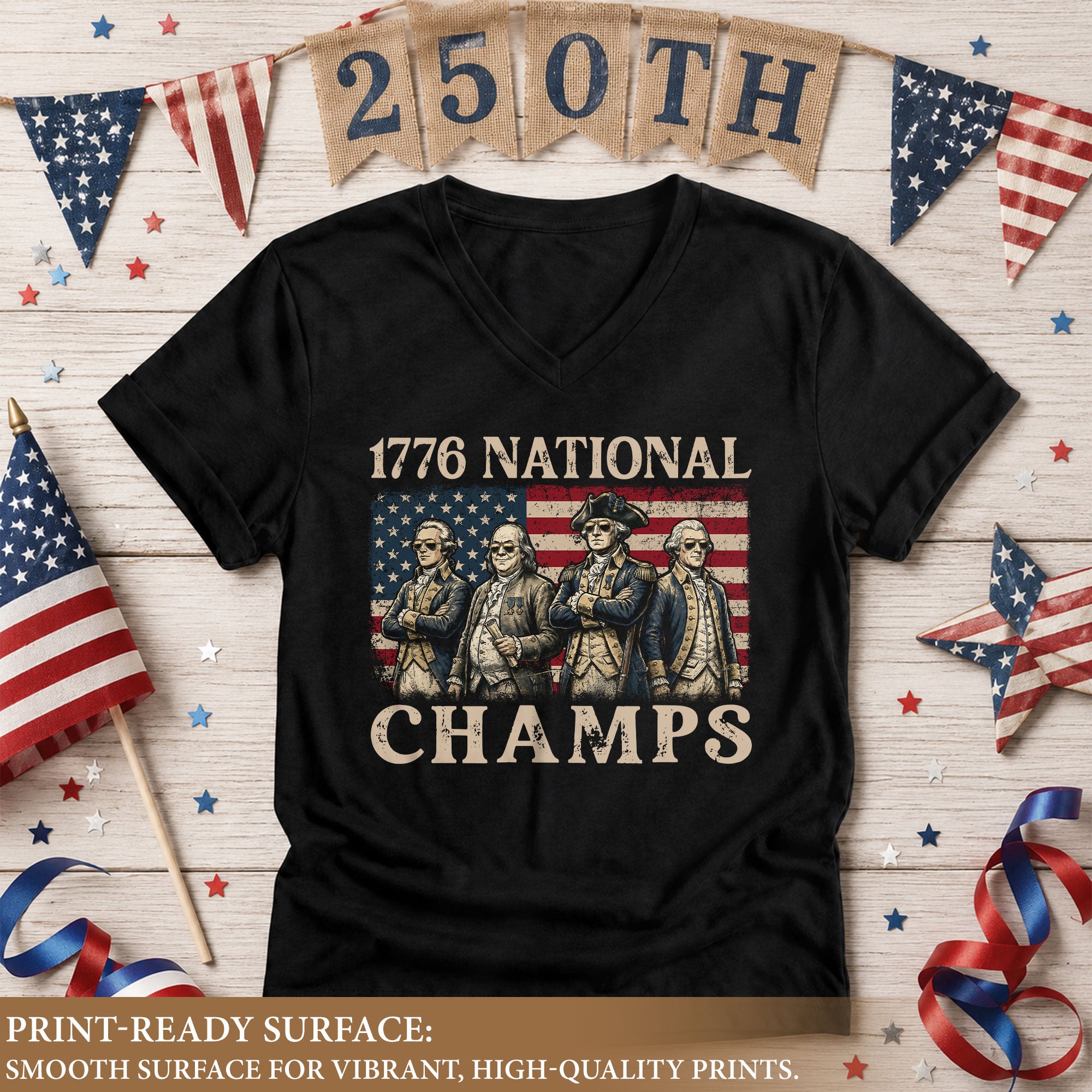 Women’s 1776 National Champs Black V-Neck Tee - Vintage American History Graphic Apparel
