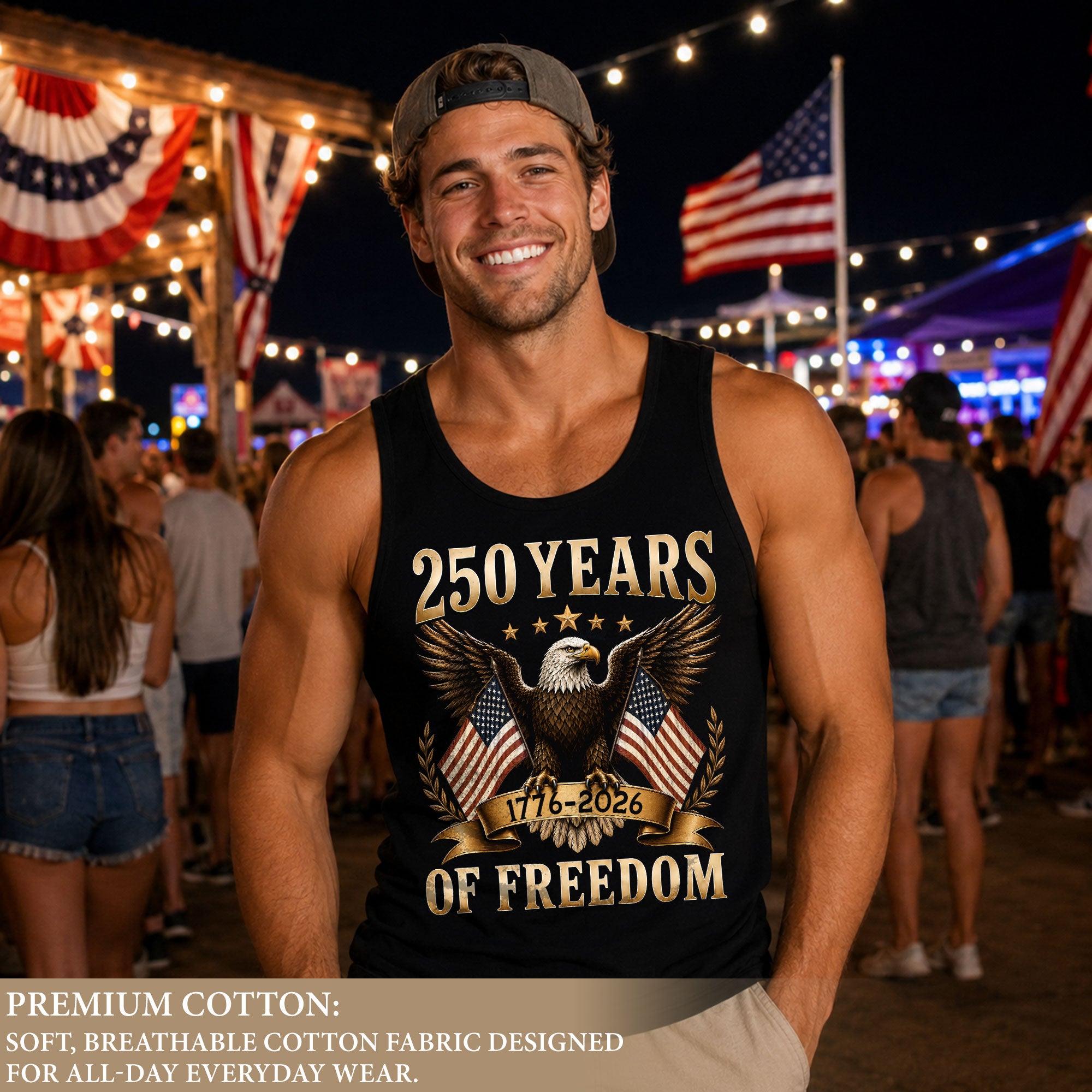 Men Tank Top 250 Years of Freedom Shirt 1776 2026 Gold Eagle Patriotic US Flag Tee