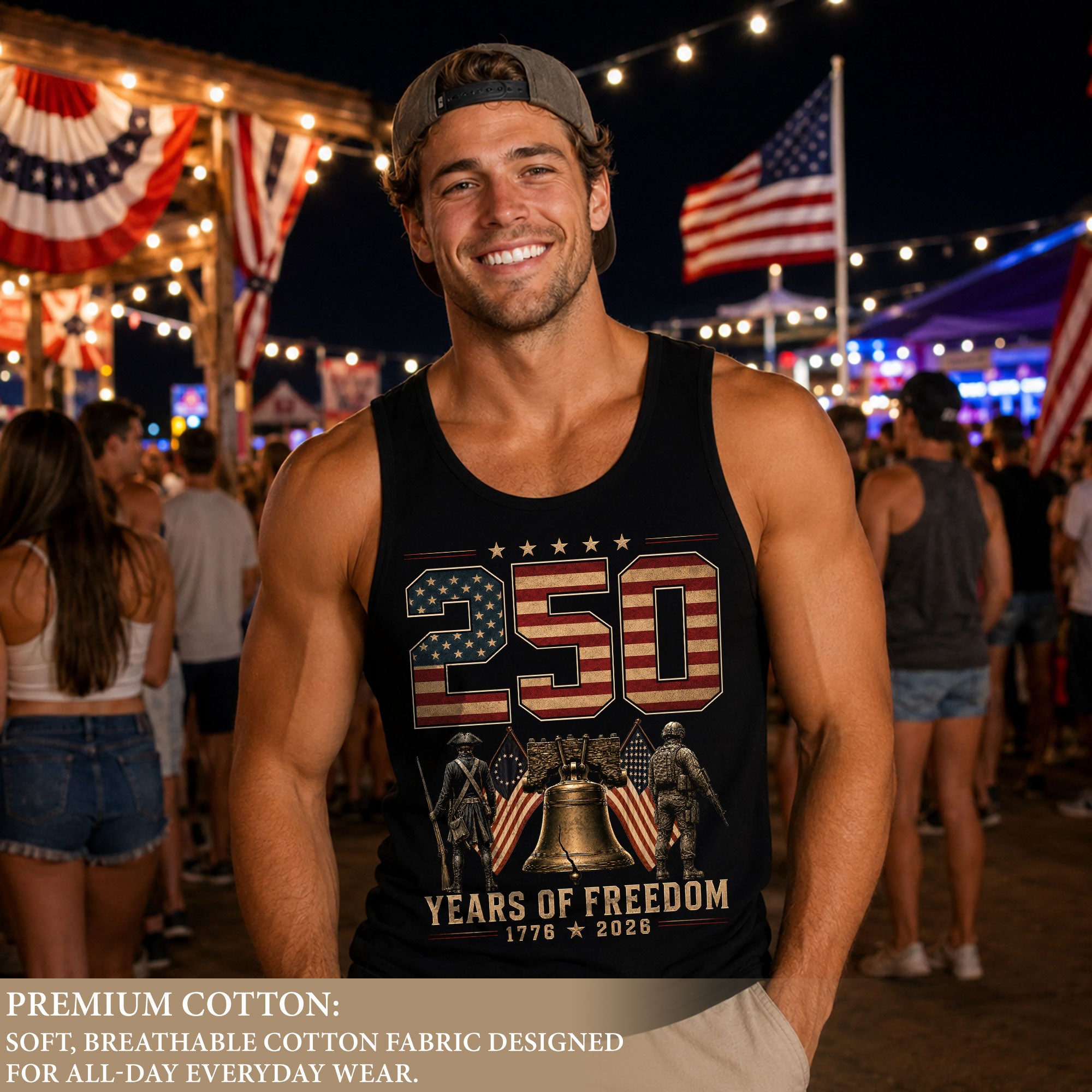 Men Tank Top 250 Years of Freedom Shirt 1776 2026 Liberty Bell Patriotic Soldier Tee