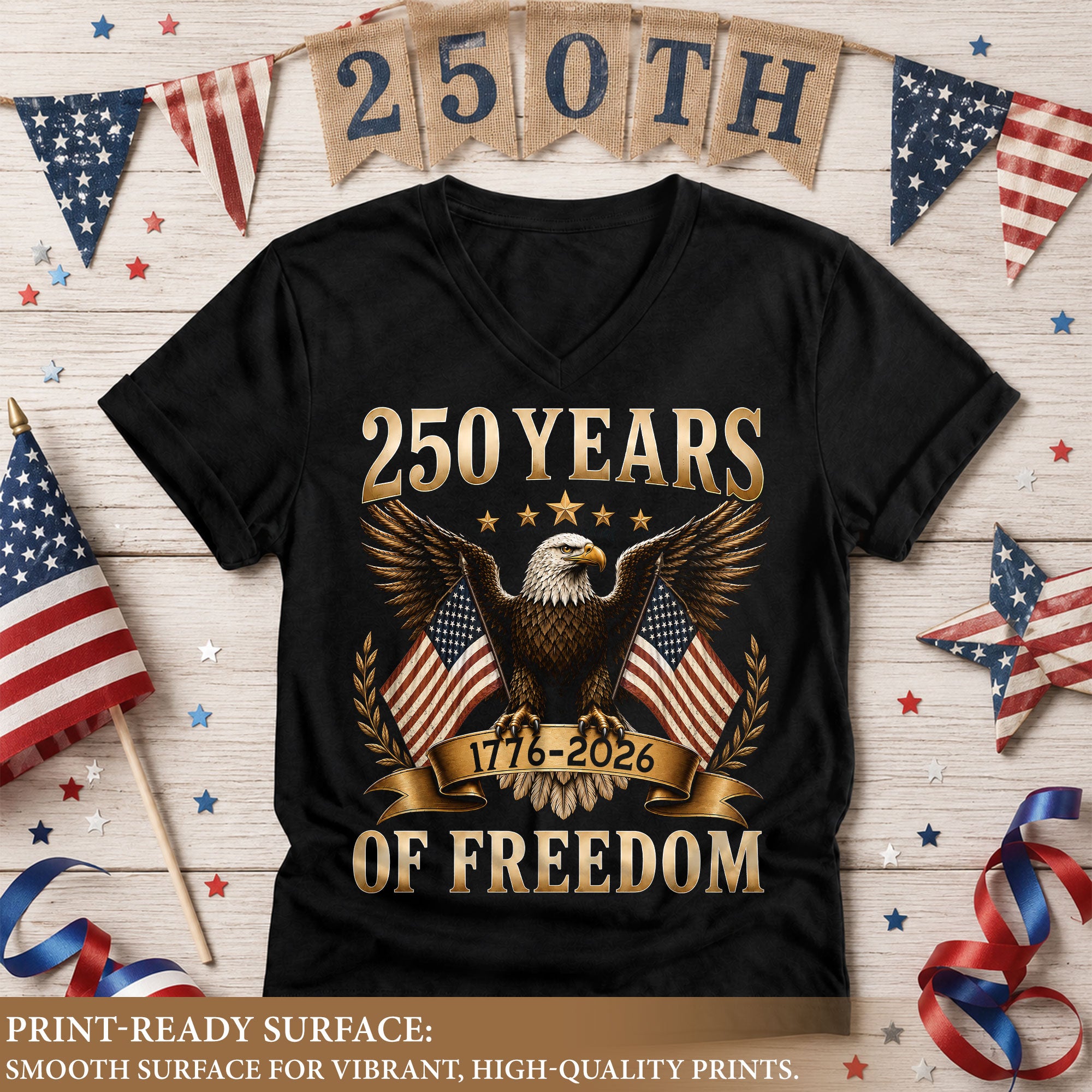 Women V Neck 250 Years of Freedom Shirt 1776 2026 Gold Eagle Patriotic US Flag Tee