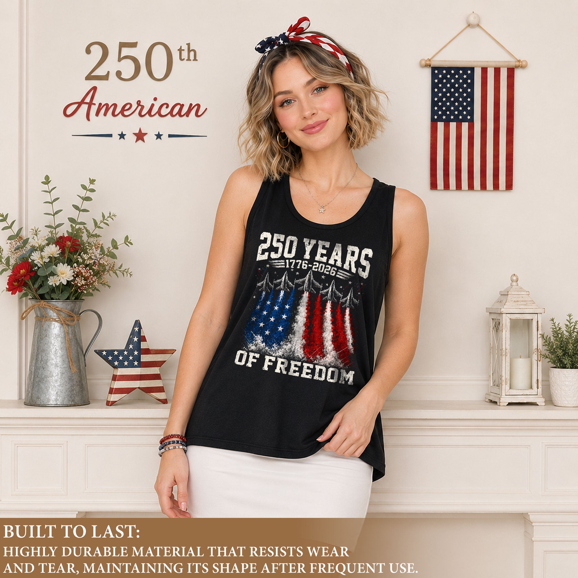 Women Tank Top 250 Years of Freedom Shirt 1776 2026 Fighter Jet Patriotic Graphic Tee