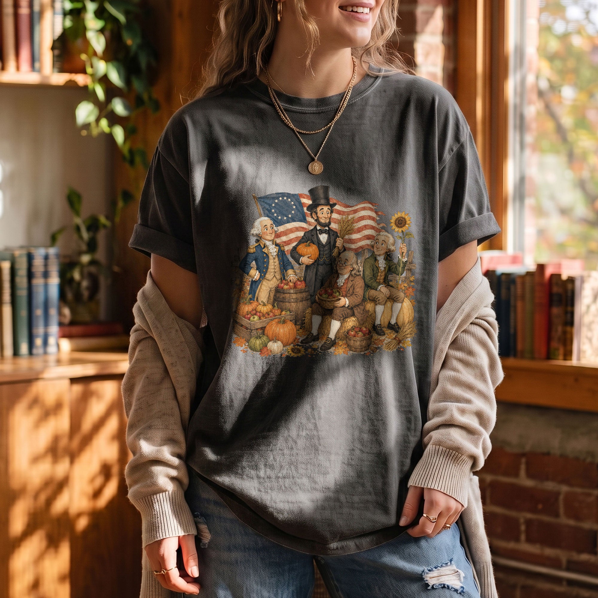 Historical Figures Fall T-Shirt Patriotic Autumn Graphic Tee for Thanksgiving Lovers