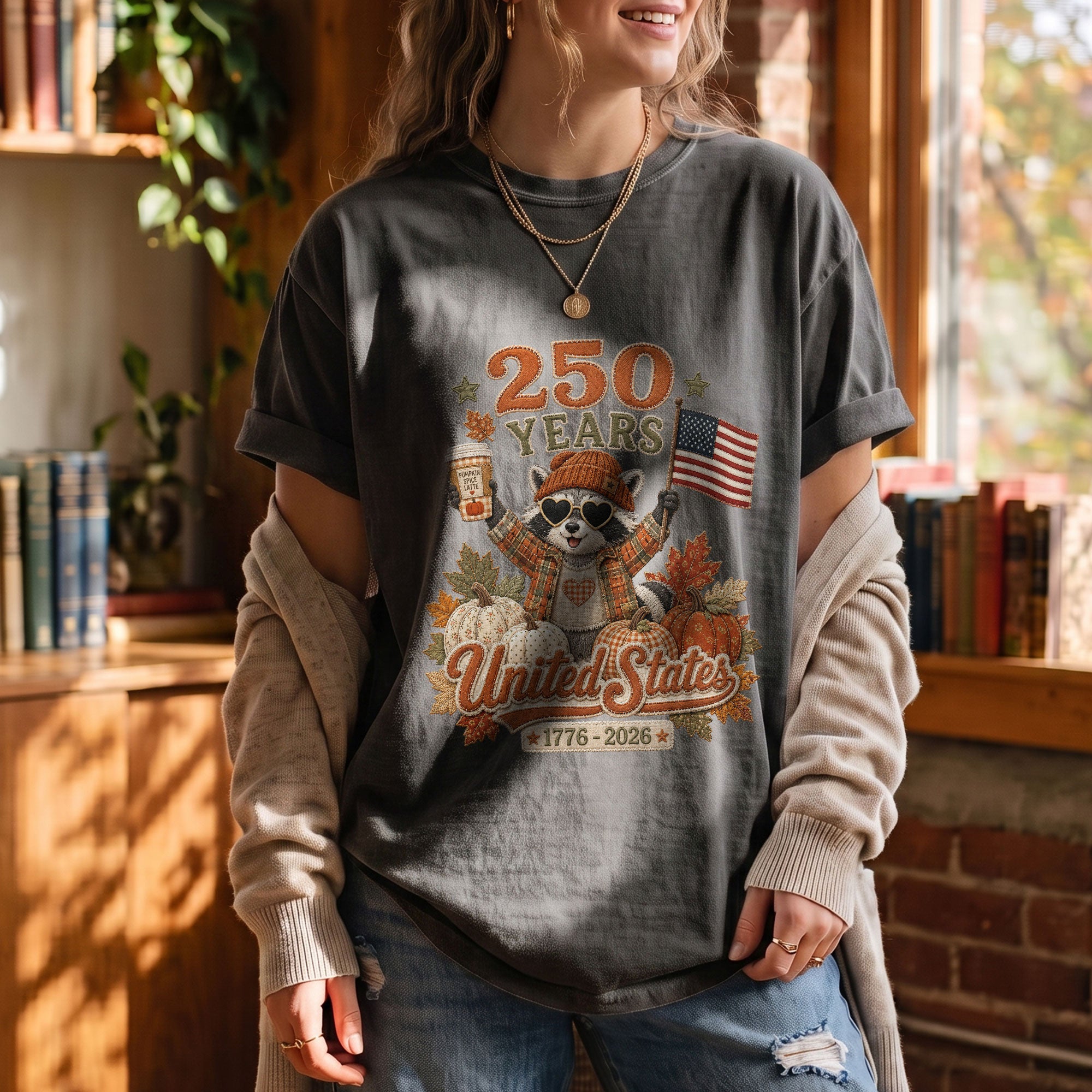 Raccoon Fall T-Shirt: 1776-2026 United States Autumn Graphic Tee for Thanksgiving