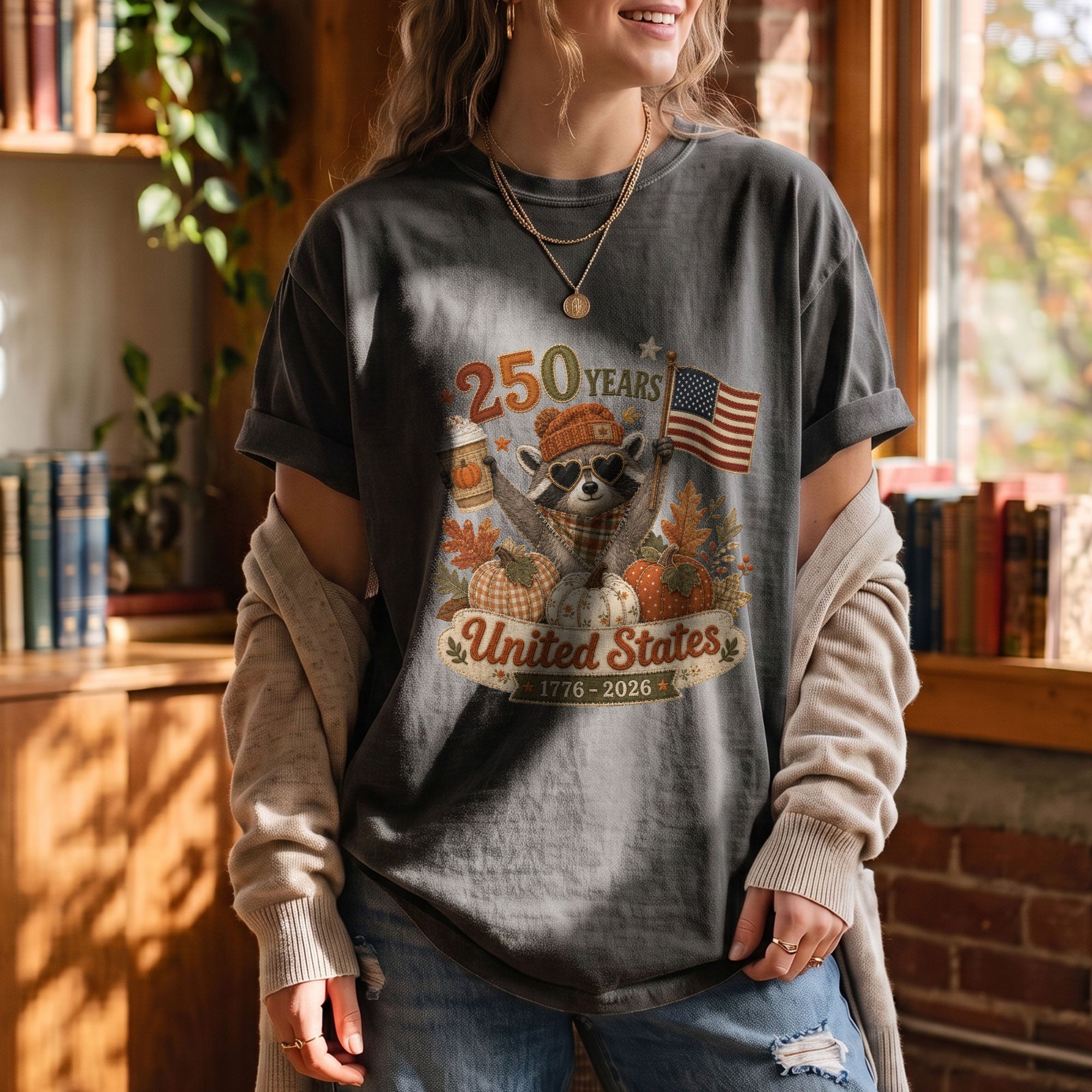 1776-2026 United States Fall Graphic Tee: Cute Raccoon Autumn Pumpkin Spice T-Shirt