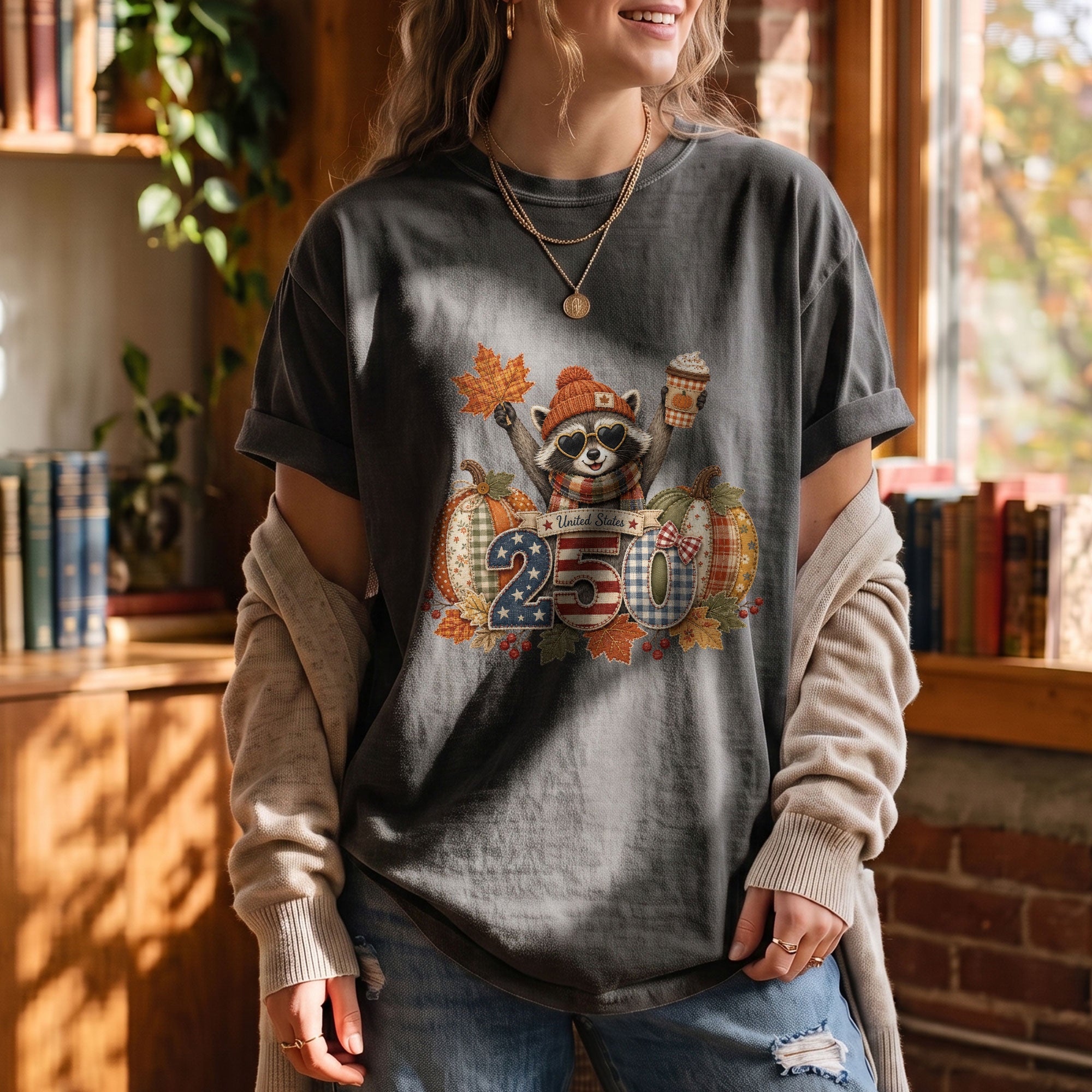 Cute Raccoon 250 Years United States Shirt: Cozy Autumn Pumpkin Seasonal Graphic Tee