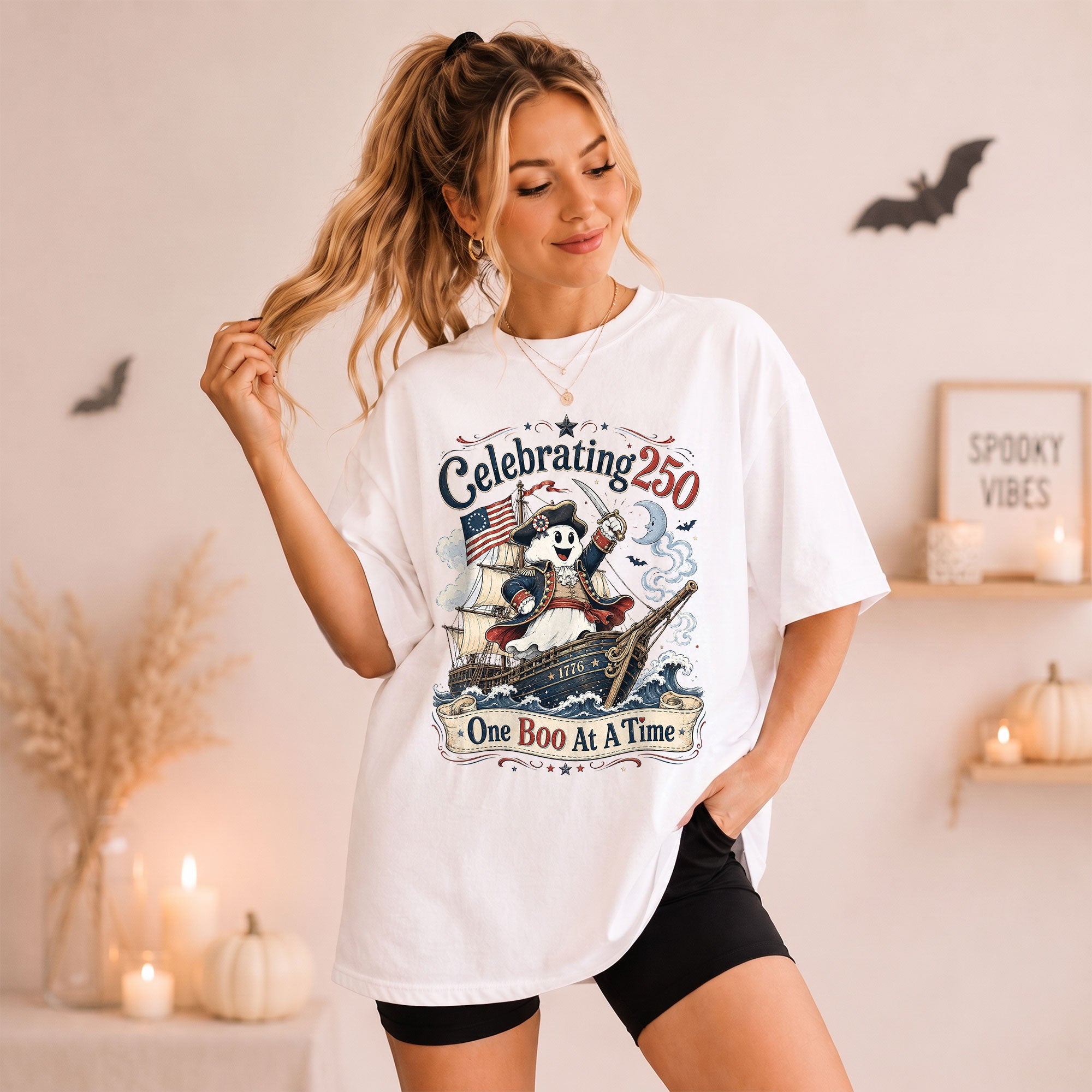 One Boo At A Time Shirt Celebrating 250 Ghost Captain Ship Patriotic Halloween Tee
