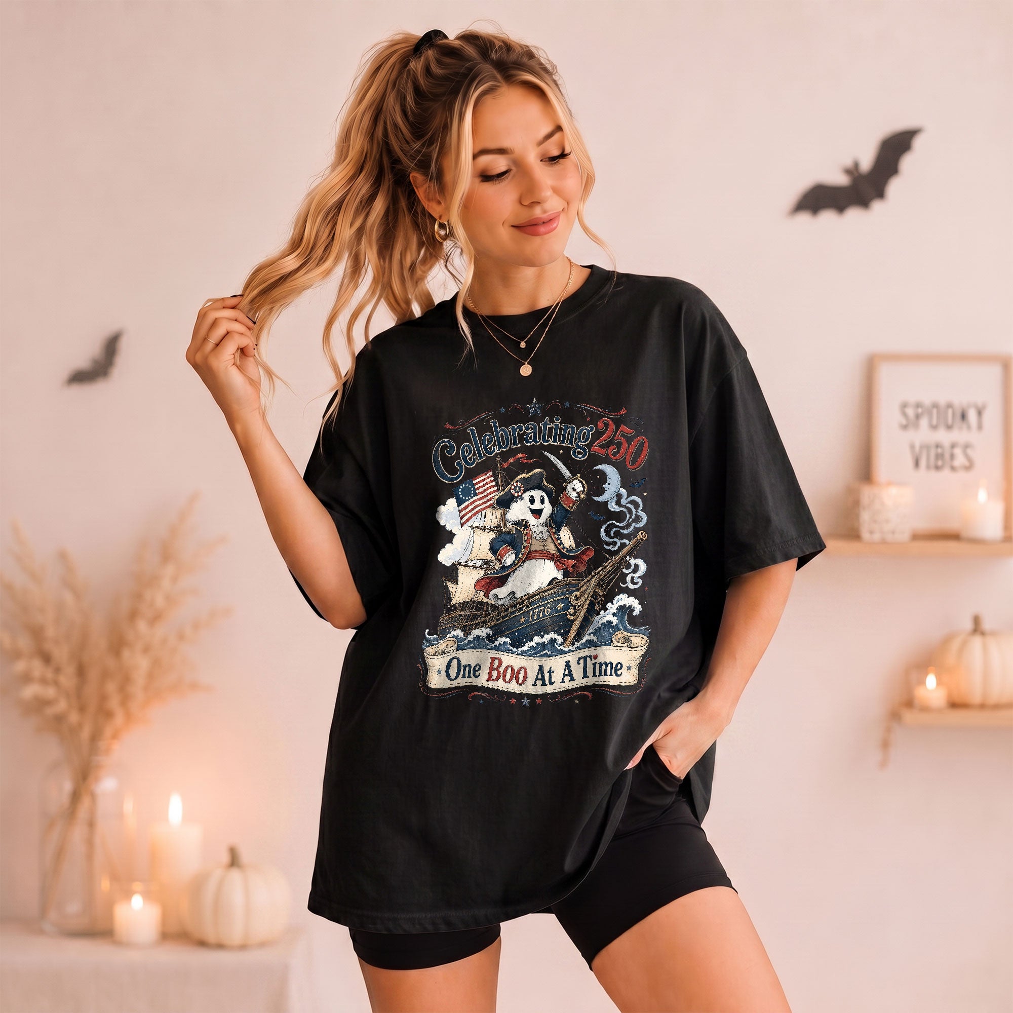 One Boo At A Time Shirt Celebrating 250 Ghost Captain Ship Patriotic Halloween Tee