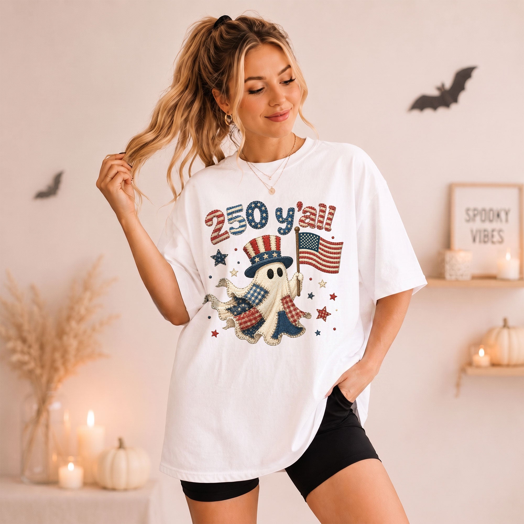 250 Y'all Shirt Patriotic Halloween Ghost Uncle Sam Hat American Flag Graphic Tee