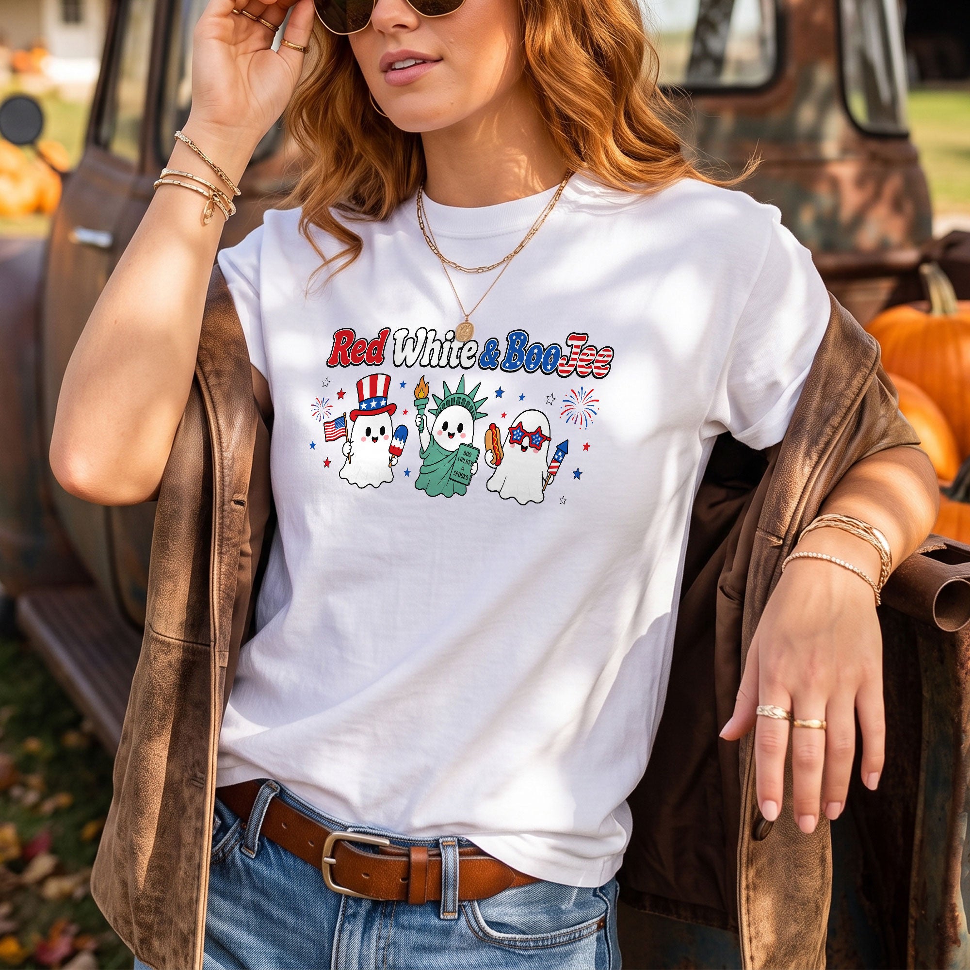 Unique Red White And BooJee Tee Adorable Patriotic Ghost Cartoon Graphic Shirt