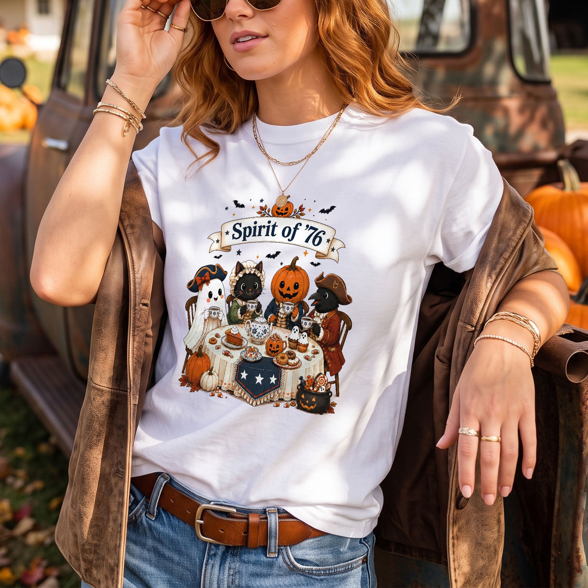 Spilling The Tea Since 1773 Tee Cute Aesthetic Halloween Ghost Cat Pumpkin Fall Shirt