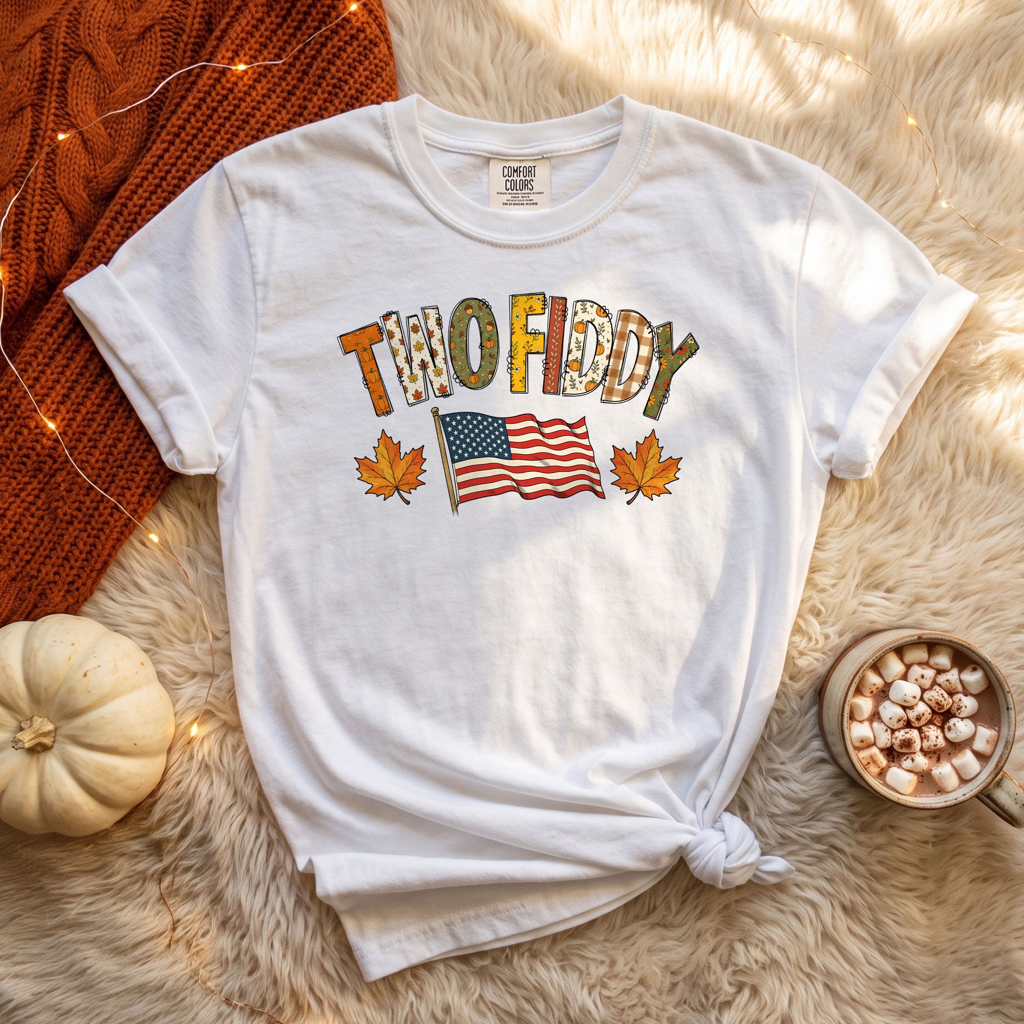 Two Fiddy Shirt Fall Vibes US Flag Maple Leaf Autumn Patriotic Graphic Tee