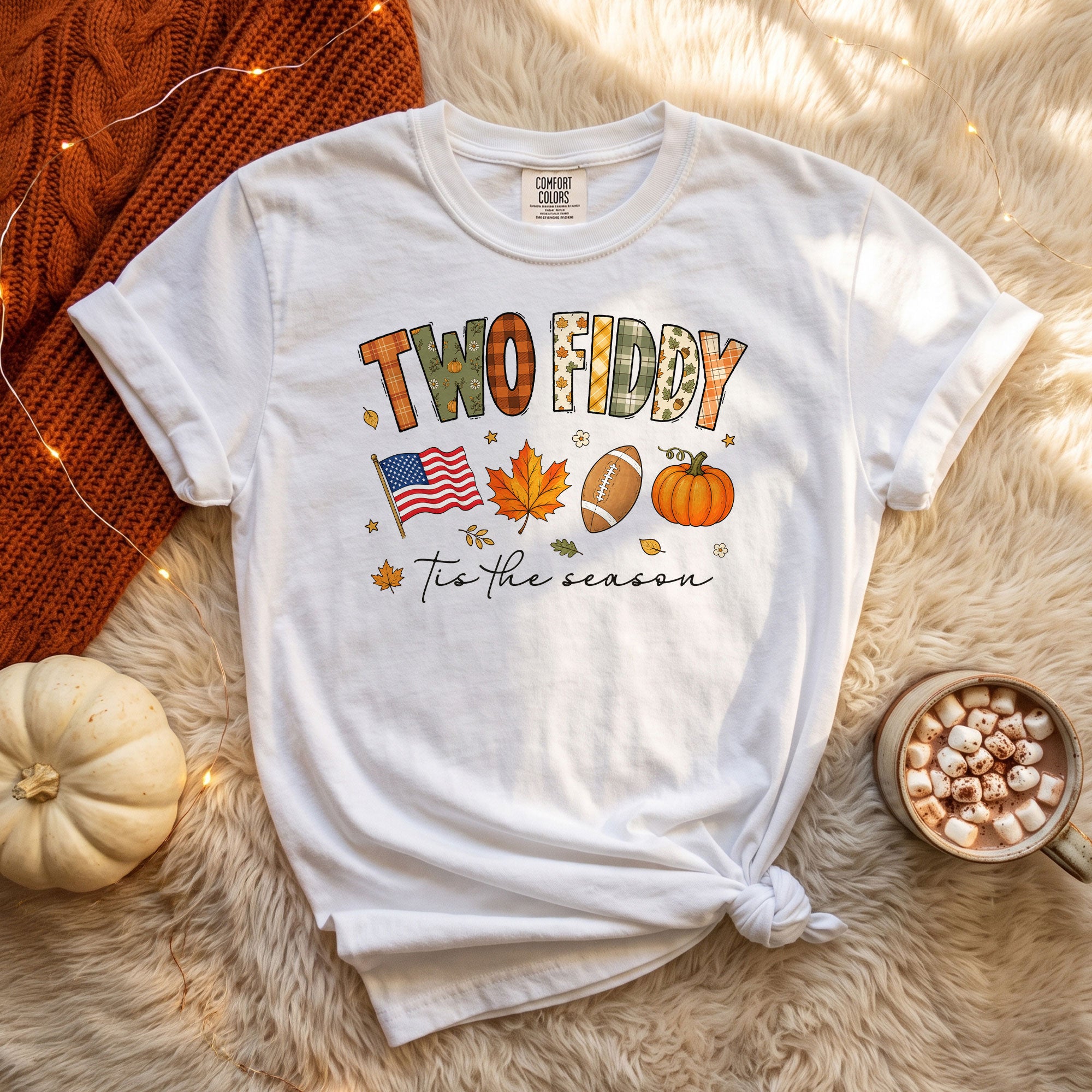 Two Fiddy Tis The Season Shirt Football Pumpkin Fall US Flag Patriotic Tee