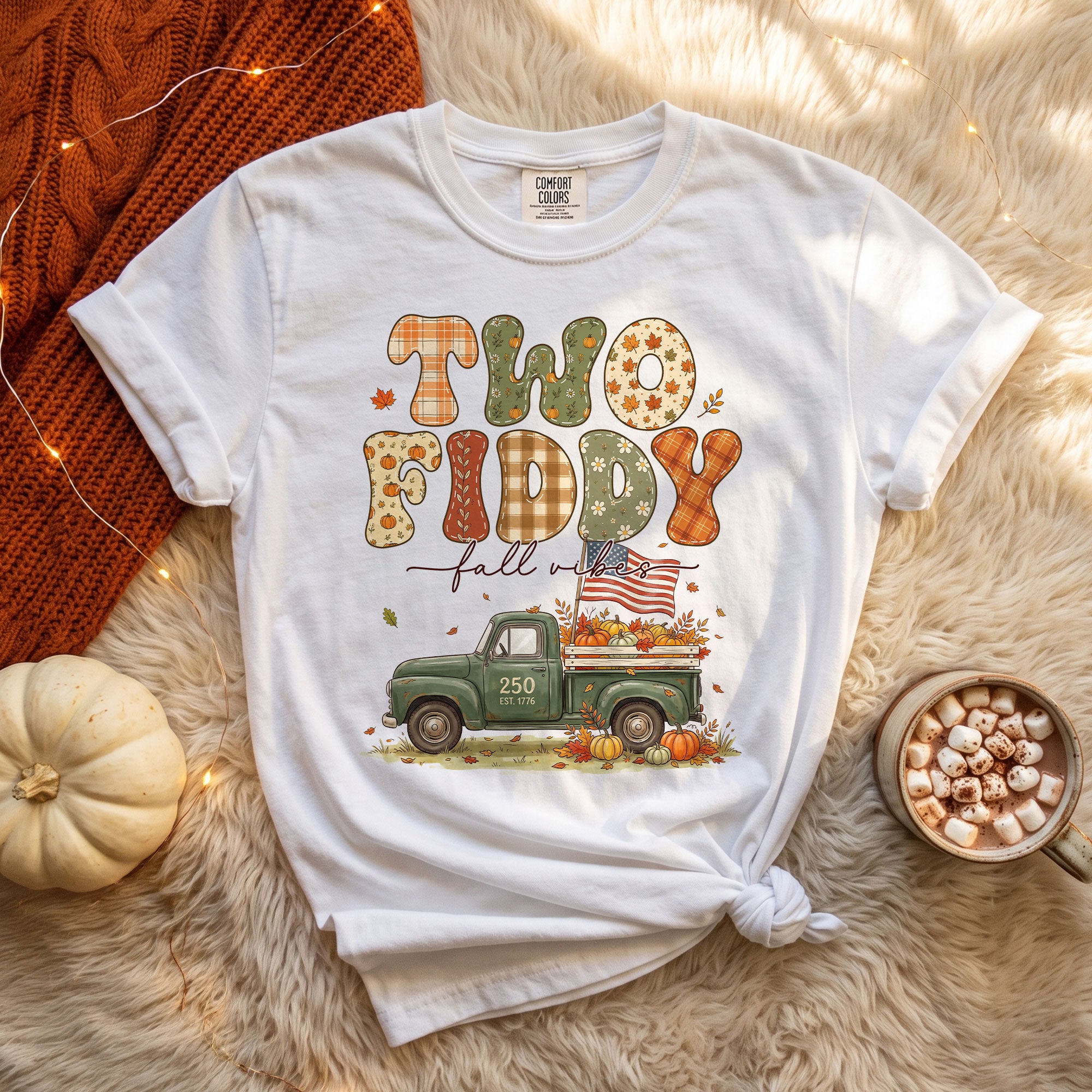 Two Fiddy Fall Vibes Shirt Vintage Pumpkin Truck US Flag Autumn Graphic Tee