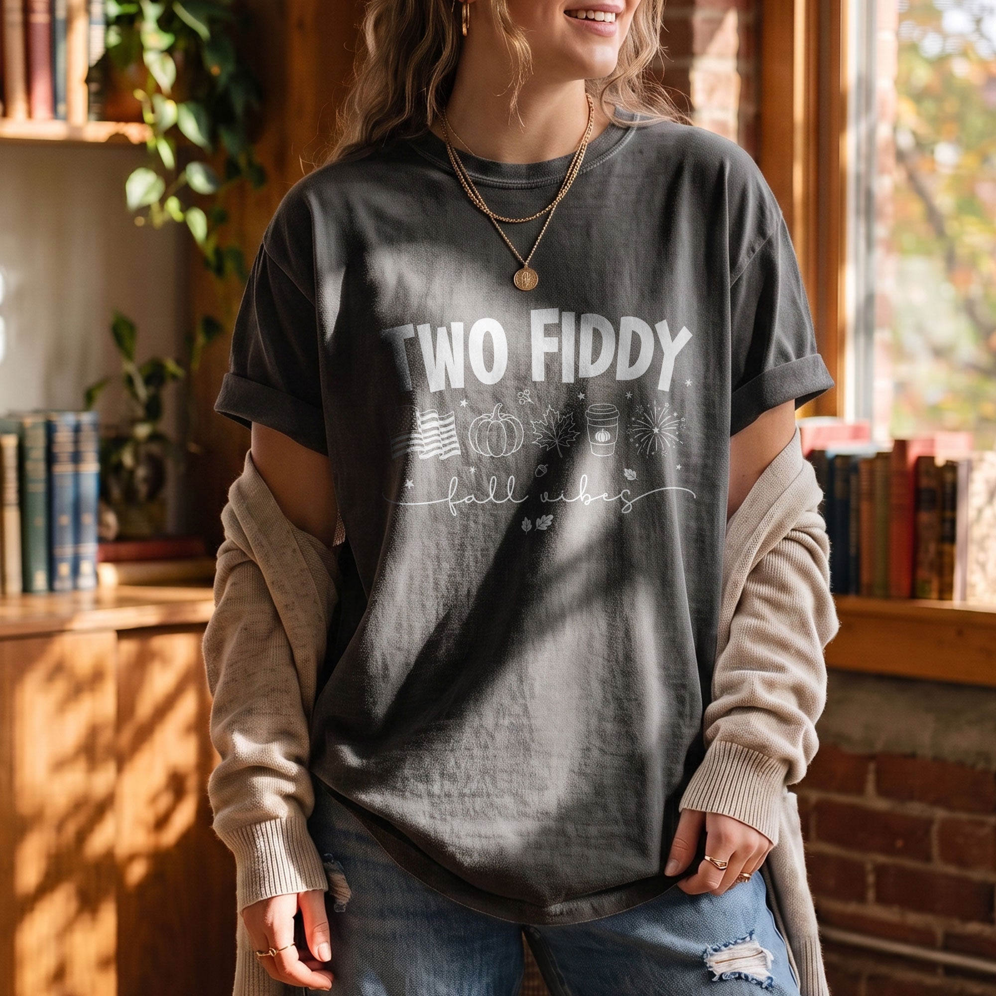 Two Fiddy Fall Shirt Pumpkin Spice Coffee US Flag Fireworks Autumn Graphic