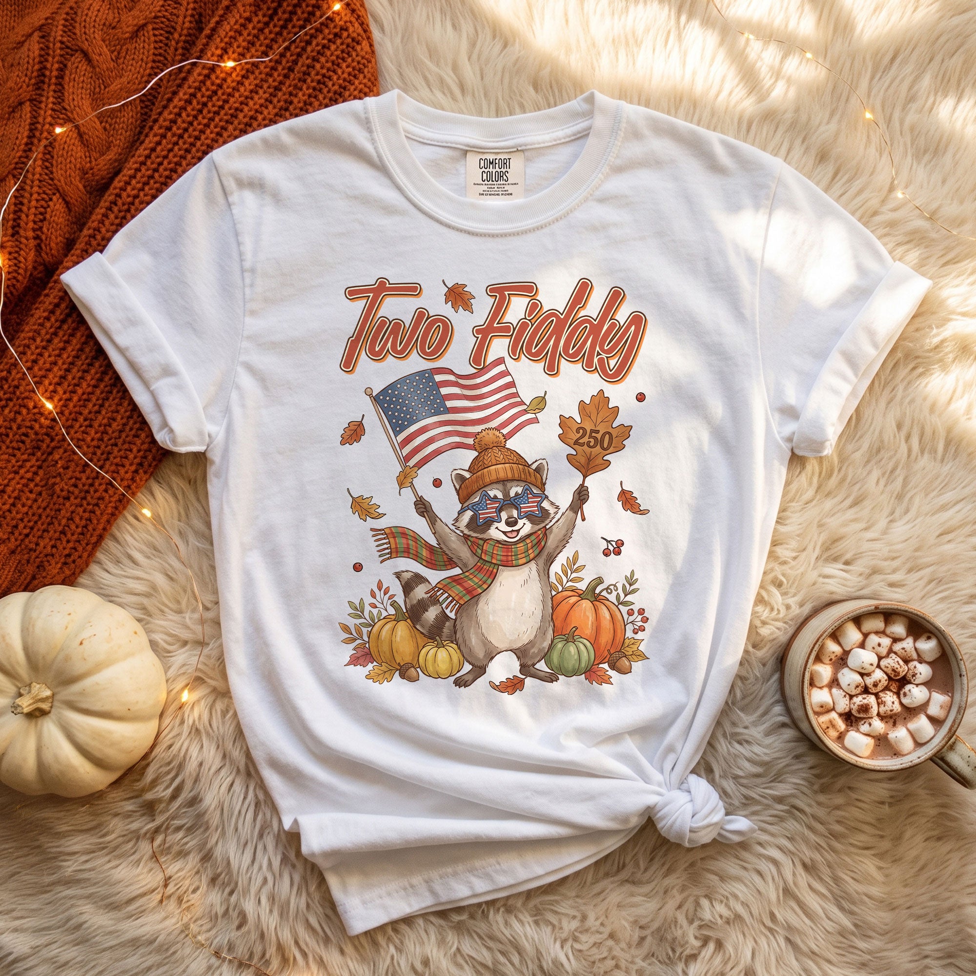 Two Fiddy Fall Vibes Shirt Cute Raccoon Pumpkin US Flag Autumn Graphic Tee