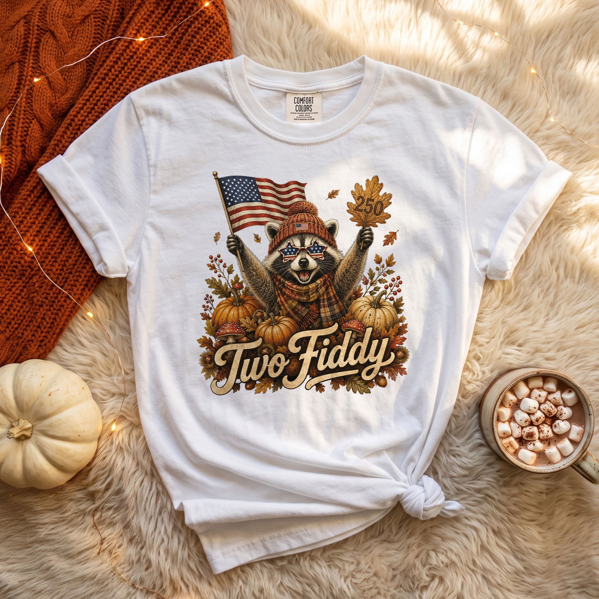 Patriotic Fall Shirt Two Fiddy Retro Raccoon Pumpkin US Flag Autumn Graphic Tee