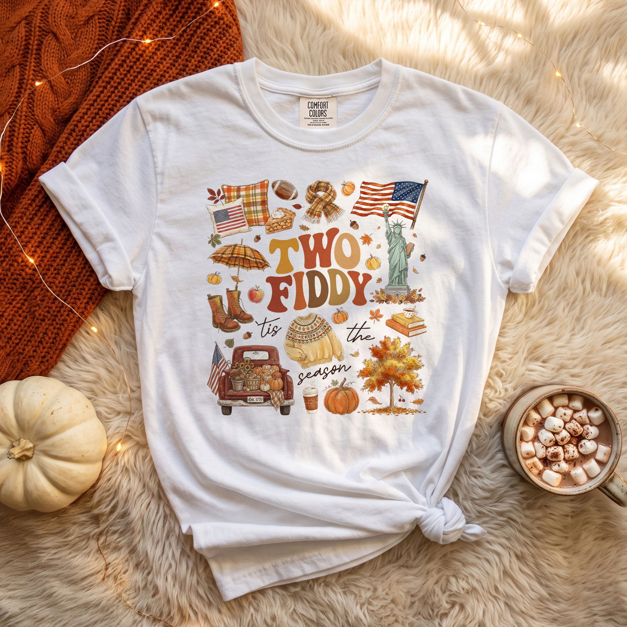 Two Fiddy Tis The Season Shirt Fall Doodle Pumpkin Statue of Liberty US Flag Tee