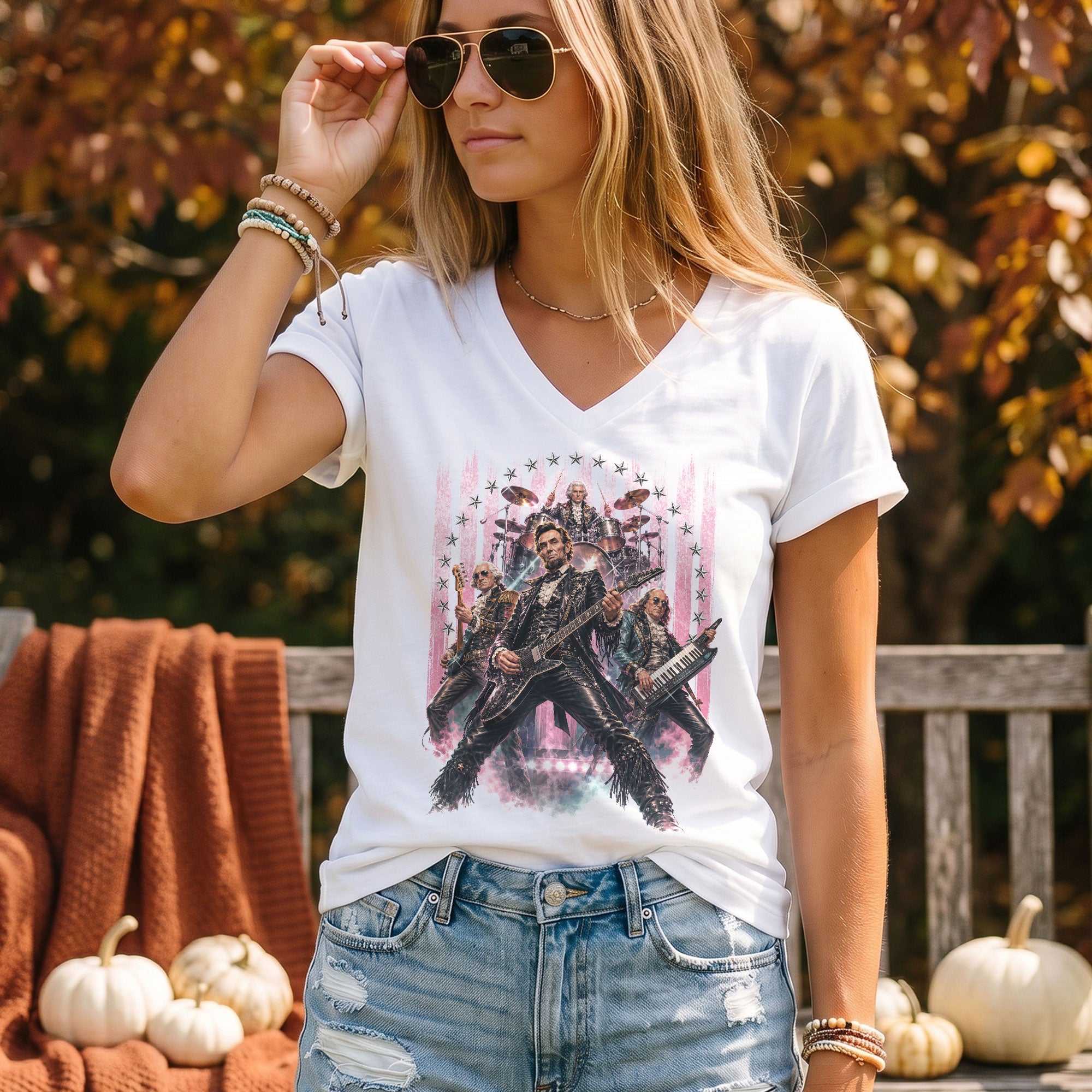 Vintage Presidential Band V-Neck Graphic Shirt Pink Patriotic Women's Apparel Top
