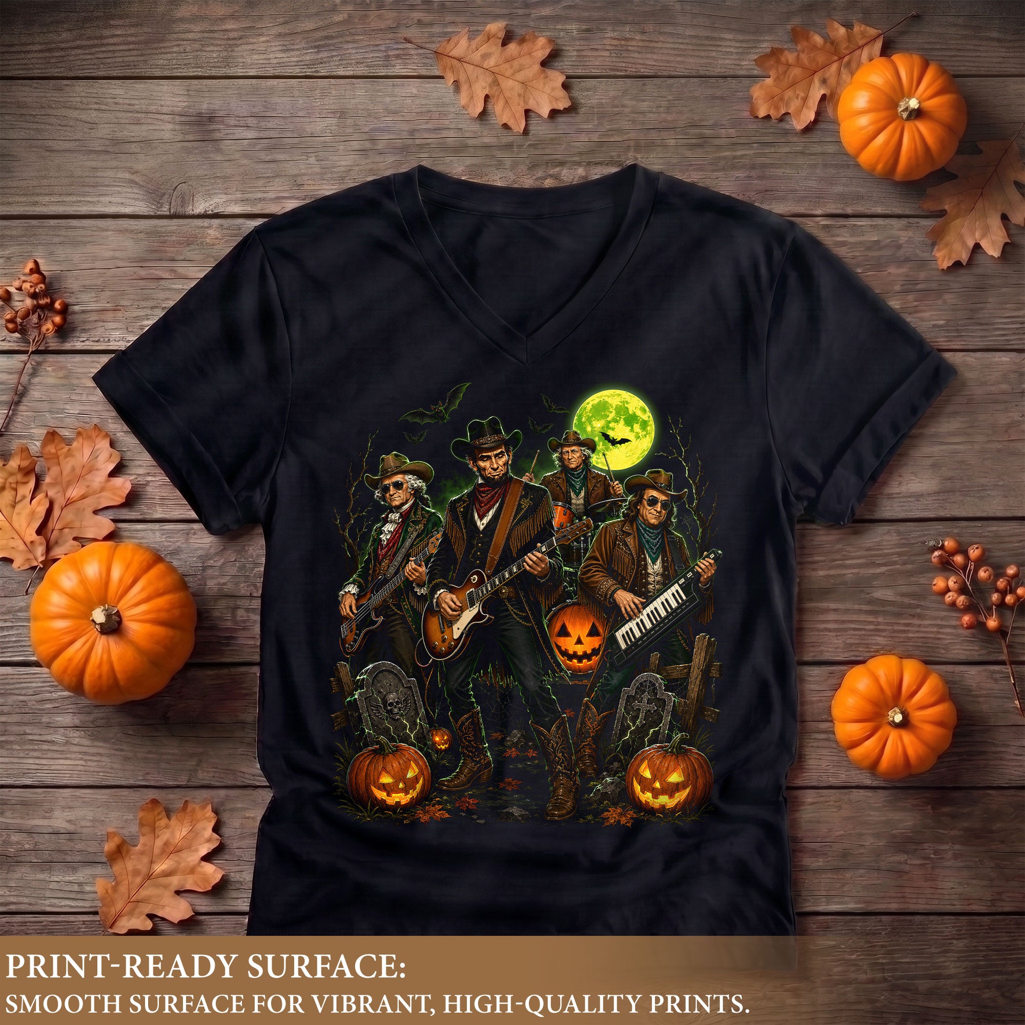 Halloween Lincoln Playing Guitar V-Neck Shirt Women Spooky Historical Rock Band Tee