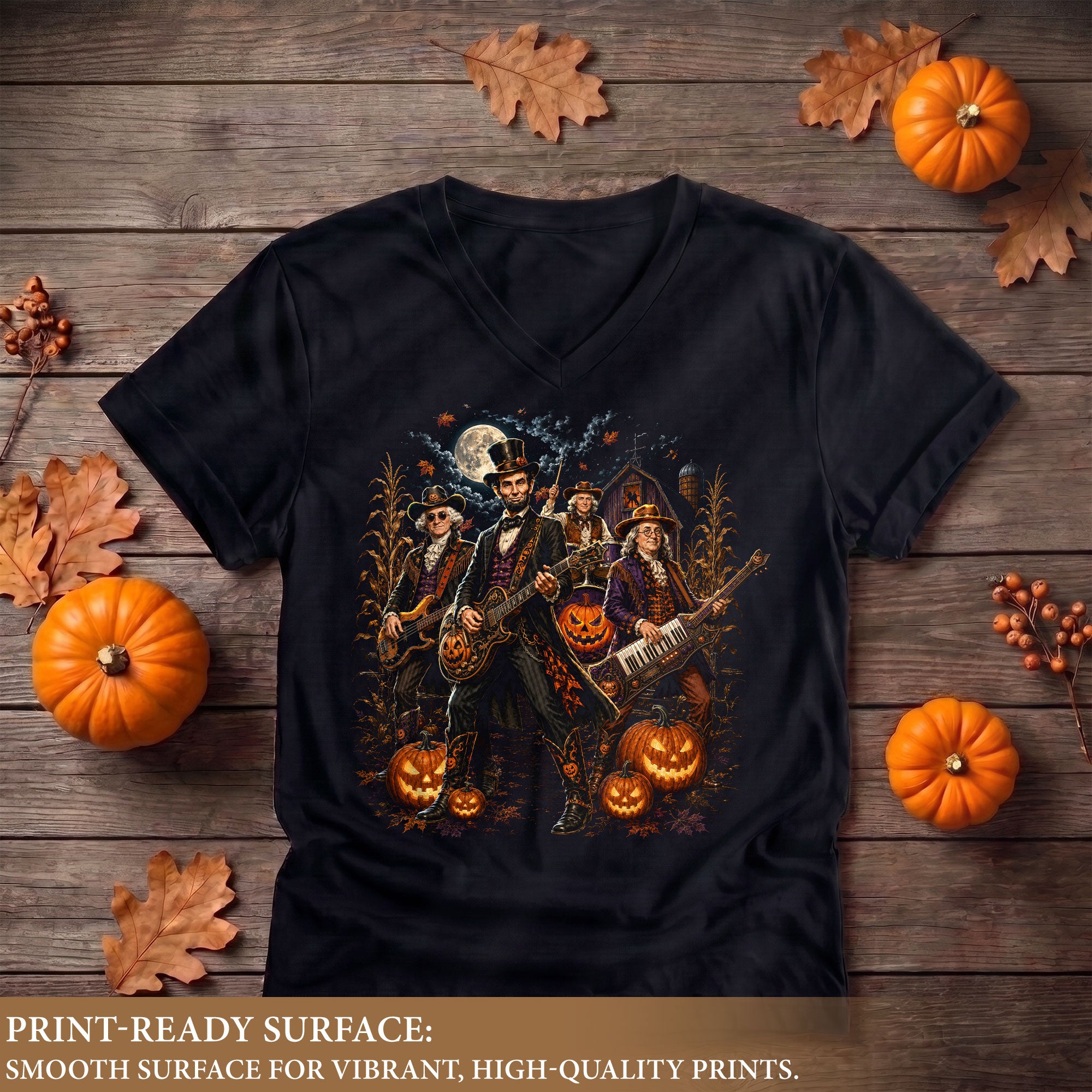 Lincoln Playing Guitar Halloween V-Neck Shirt Women Spooky Presidents Cornfield Tee