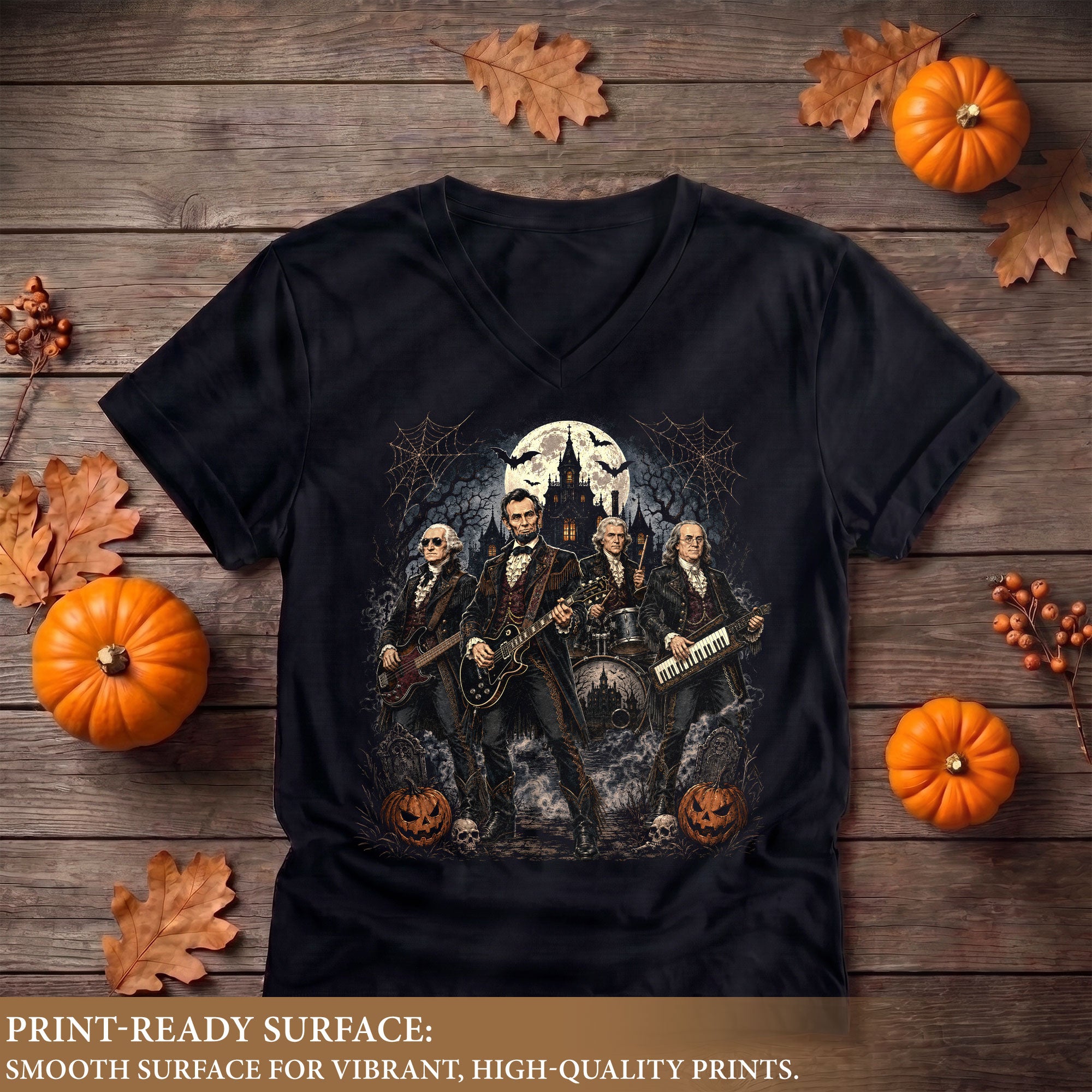 Lincoln Playing Guitar Halloween V-Neck Shirt Women Spooky Haunted Castle Band Tee