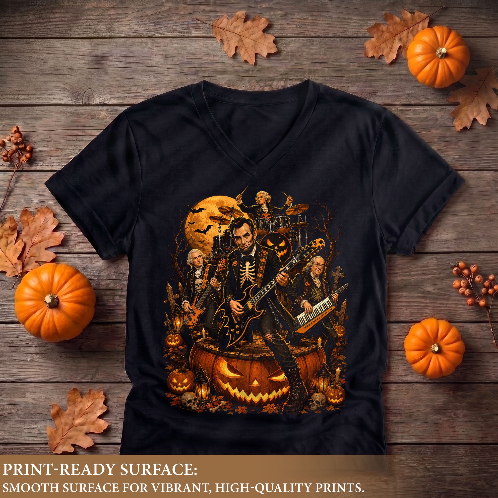 Lincoln Skeleton Guitar Halloween V-Neck Shirt Women Spooky Giant Pumpkin Band Tee