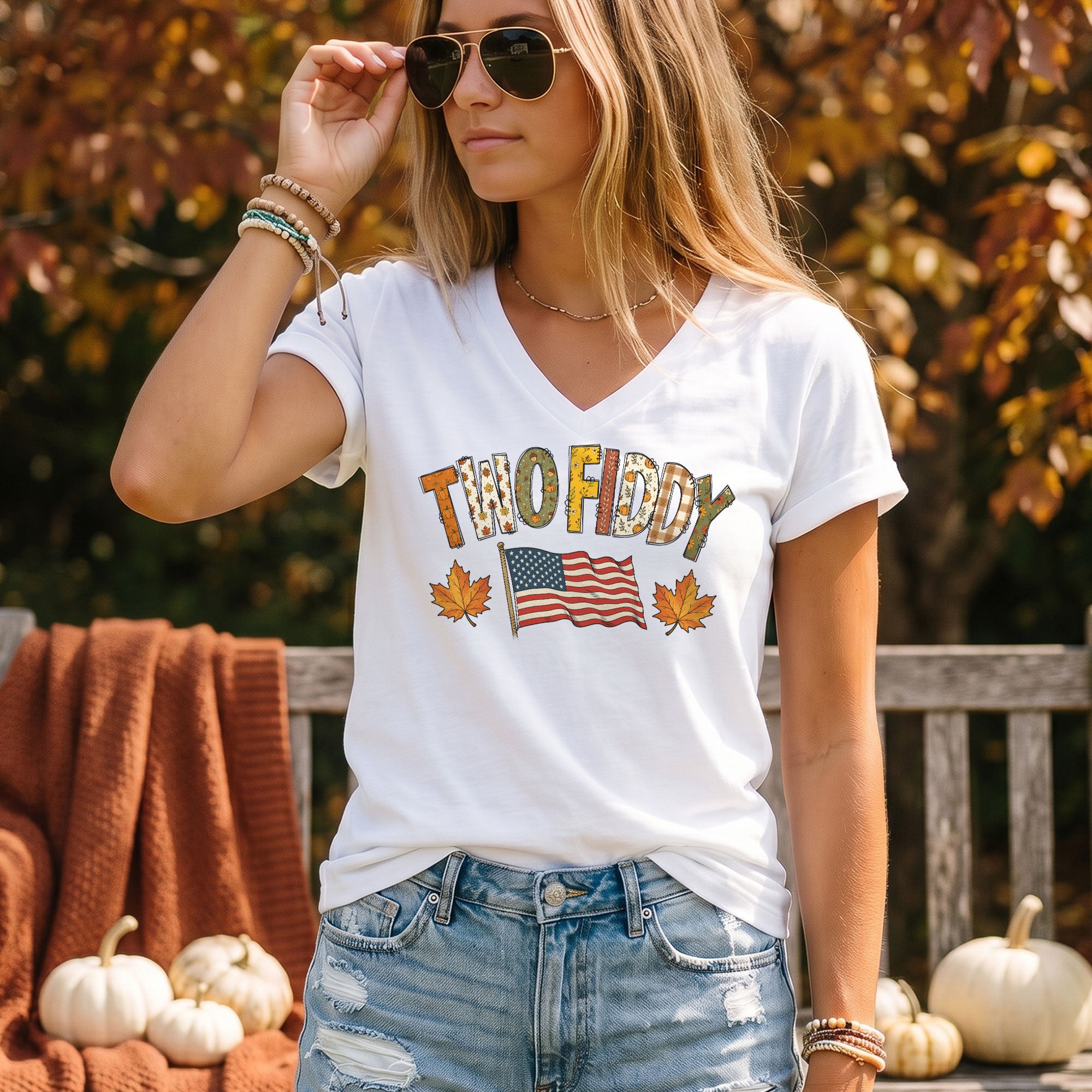 Two Fiddy Fall Flag Graphic V-Neck T-Shirt Patriotic Autumn Women's Casual Fashion Top