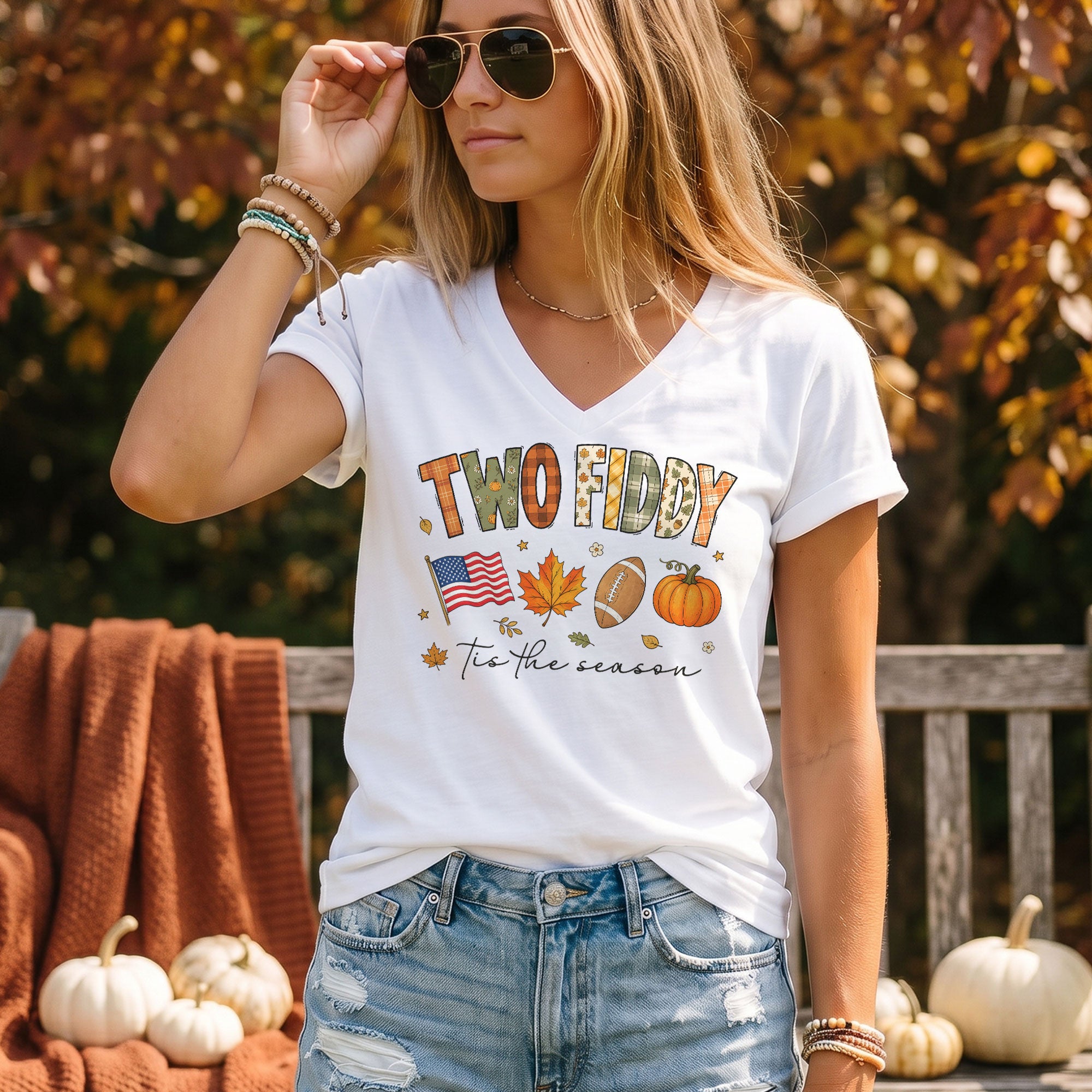 Two Fiddy Patriotic Fall Graphic V-Neck Shirt Seasonal USA Flag Women's Casual Wear