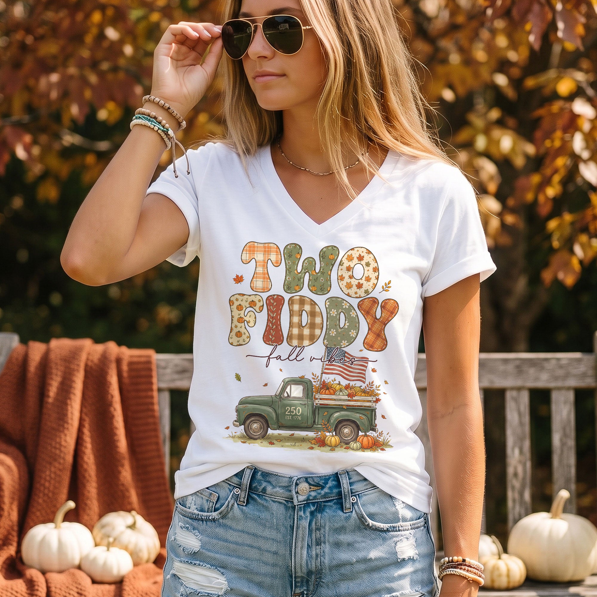 Two Fiddy Fall Vibes V-Neck Graphic T-Shirt Pumpkin Truck Patriotic Women's Casual Top