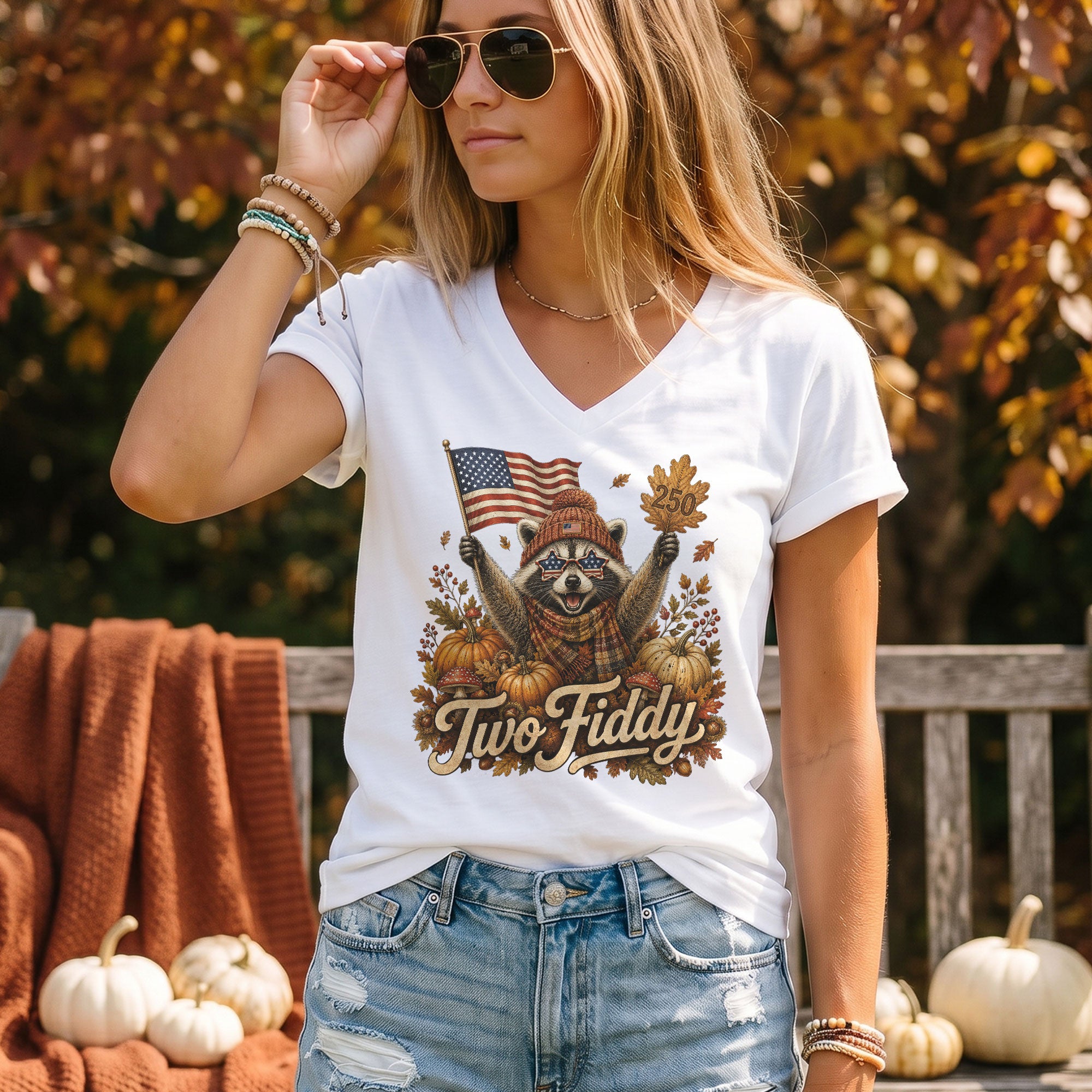 Autumn Seasonal Two Fiddy Graphic V-Neck Tee USA Flag Raccoon Women's Casual Style Shirt