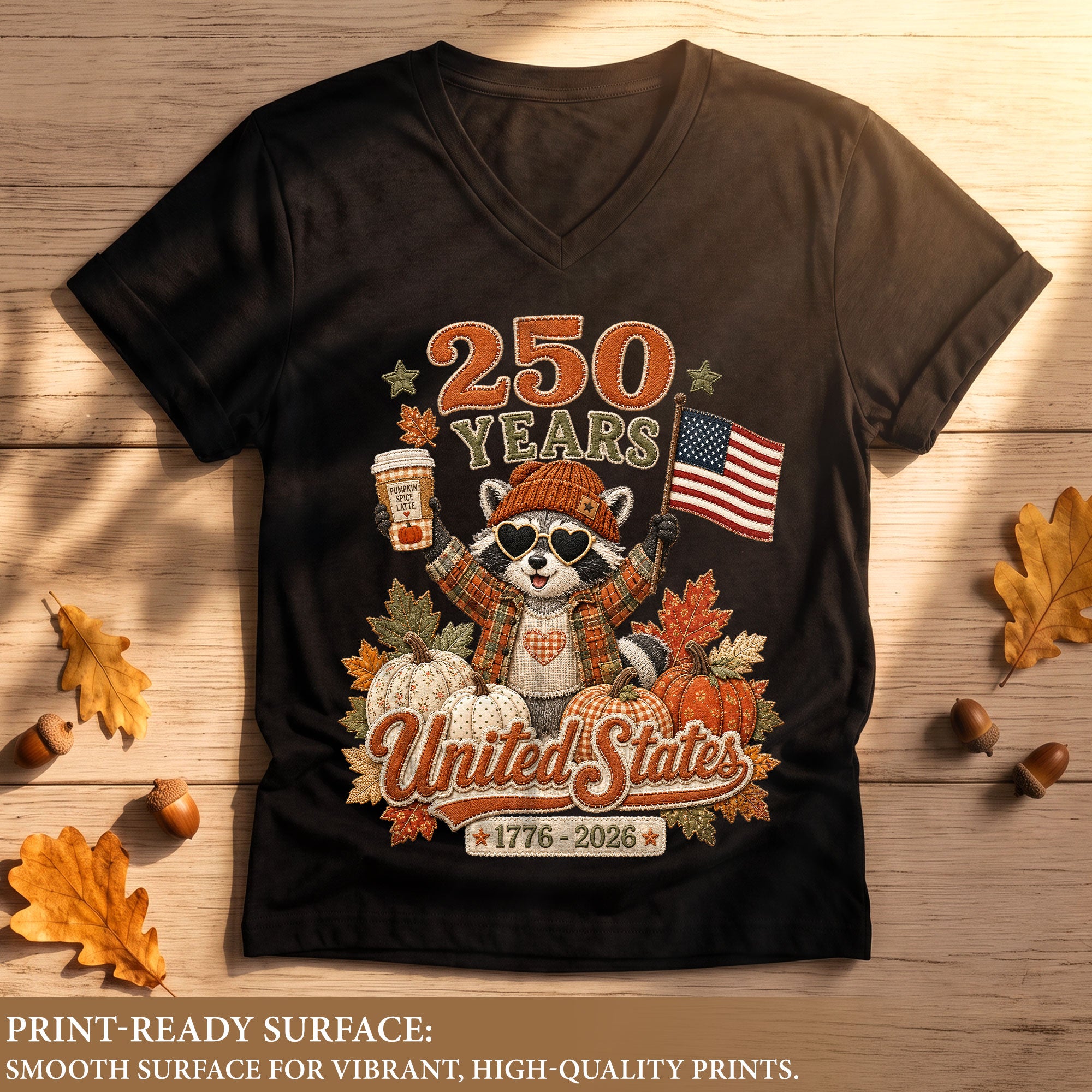 Cute Raccoon Fall V-Neck Shirt Women Spooky Pumpkin Spice Latte Patriotic United States