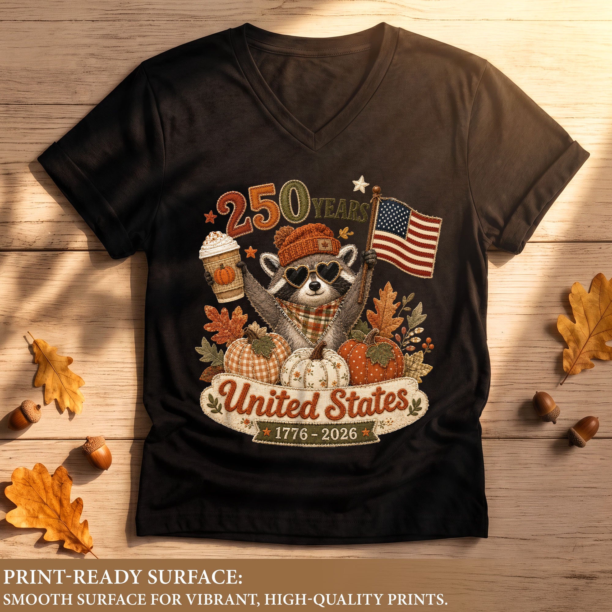 Patriotic Raccoon Fall V-Neck Shirt Women Cute United States Flag Pumpkin Autumn Tee