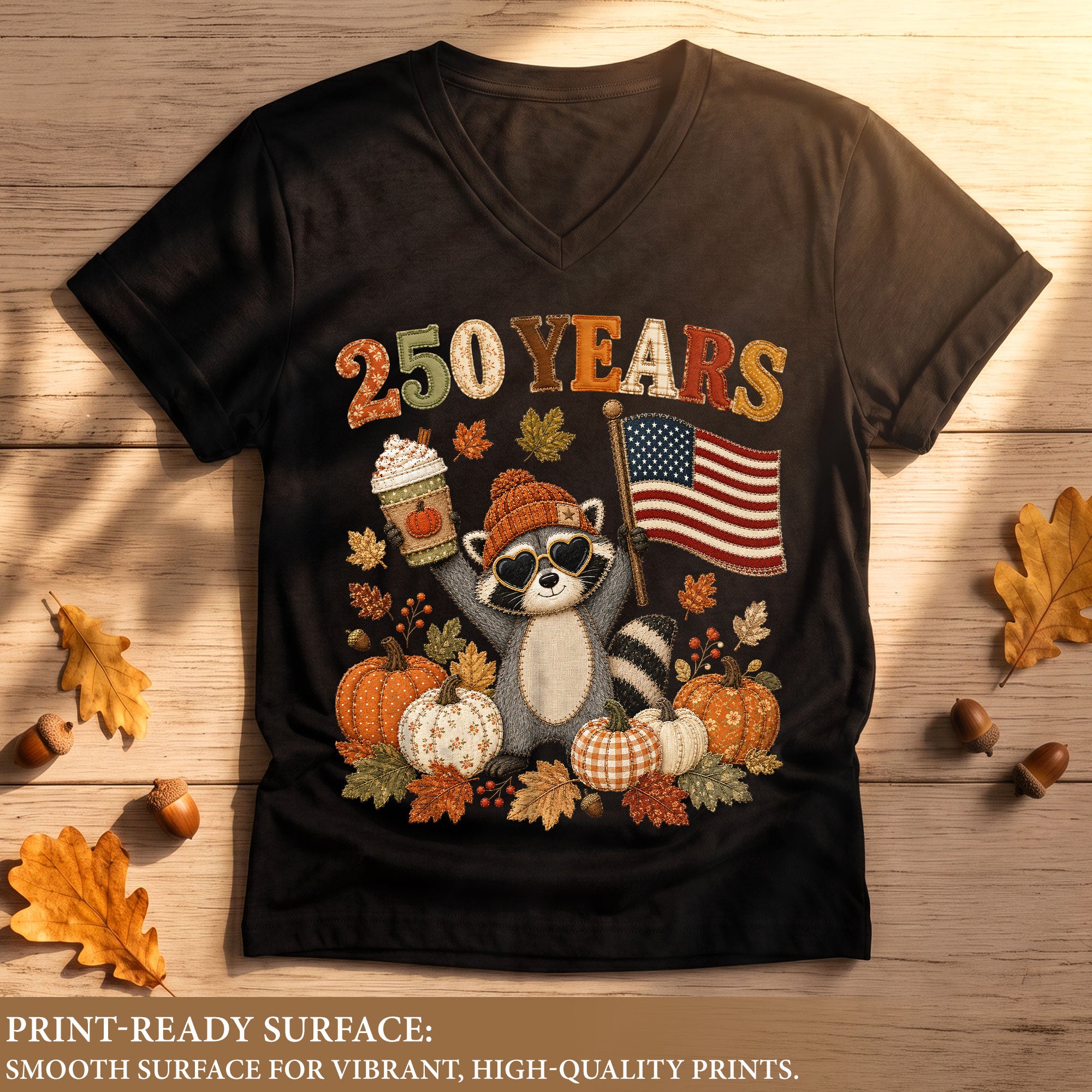 Cute Raccoon Fall V-Neck Shirt Women Pumpkin Spice Latte Patriotic American Flag Tee