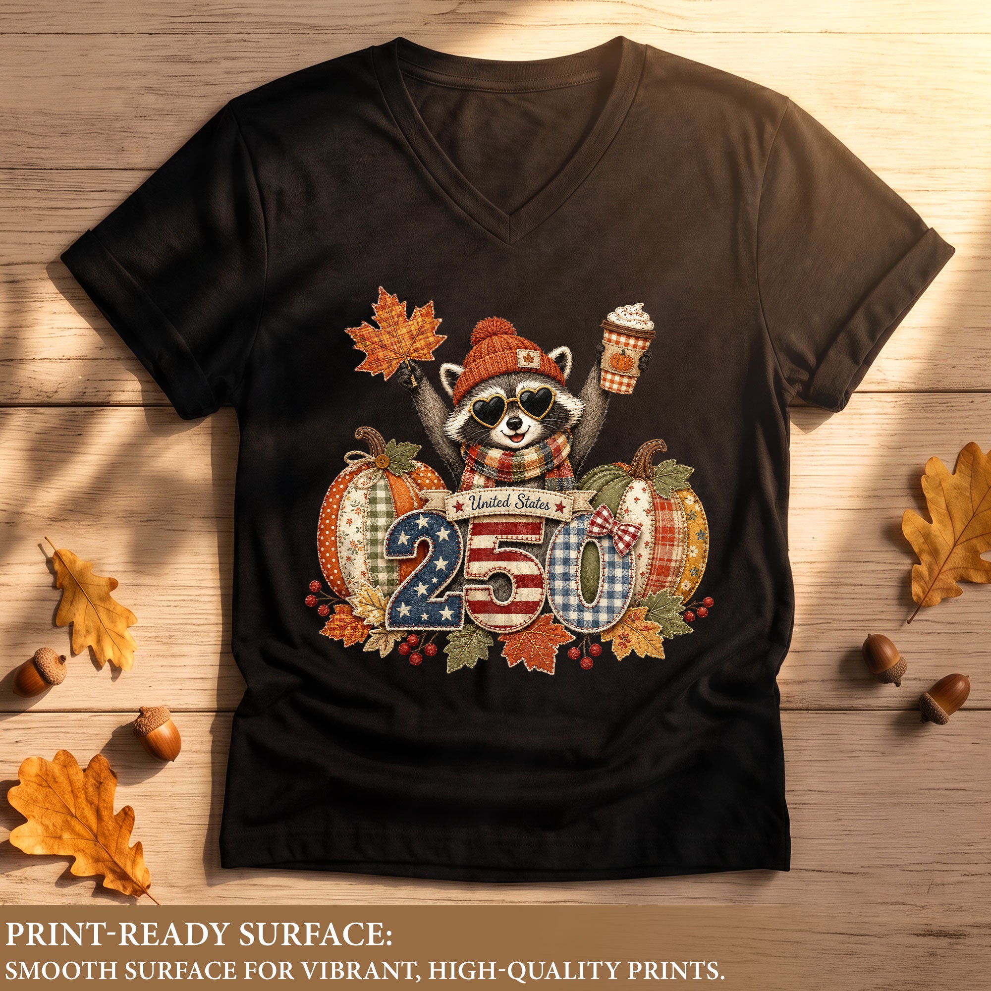 Patriotic Raccoon Fall V-Neck Shirt Women Cute Country Pumpkin Autumn Flag Graphic Tee
