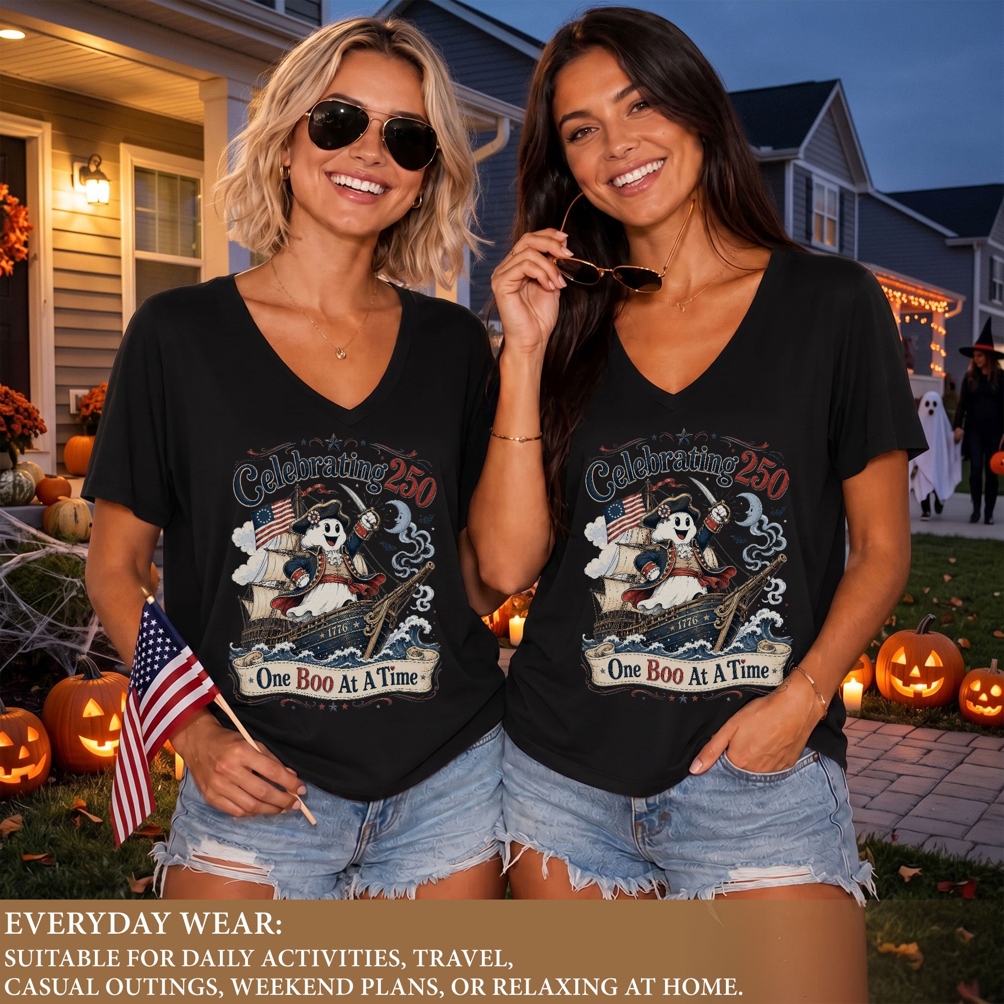 One Boo At A Time Halloween V-Neck Shirt Women Cute Patriotic Pirate Ghost Ship Tee