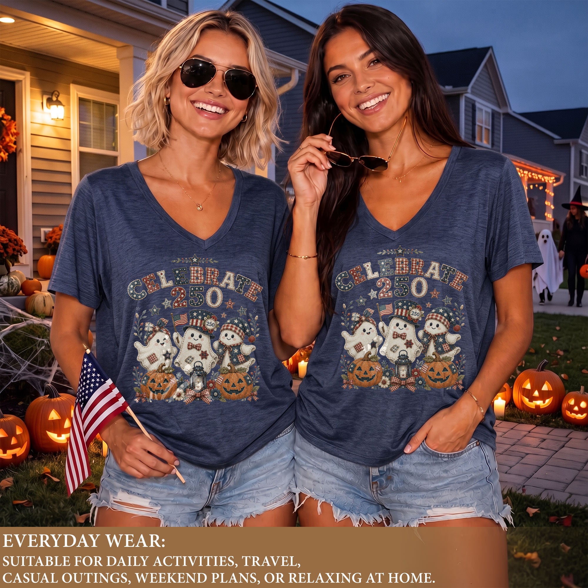 Patriotic Ghost Halloween V-Neck Shirt Women Cute Spooky Celebrate Party Graphic Tee