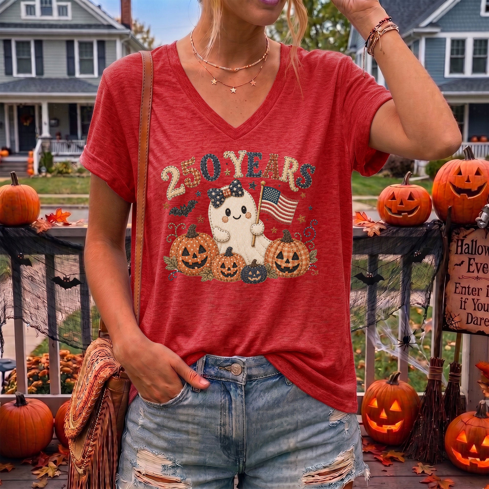 Cute Patriotic Ghost Halloween V-Neck Shirt Women Spooky Pumpkin Flag Graphic Tee