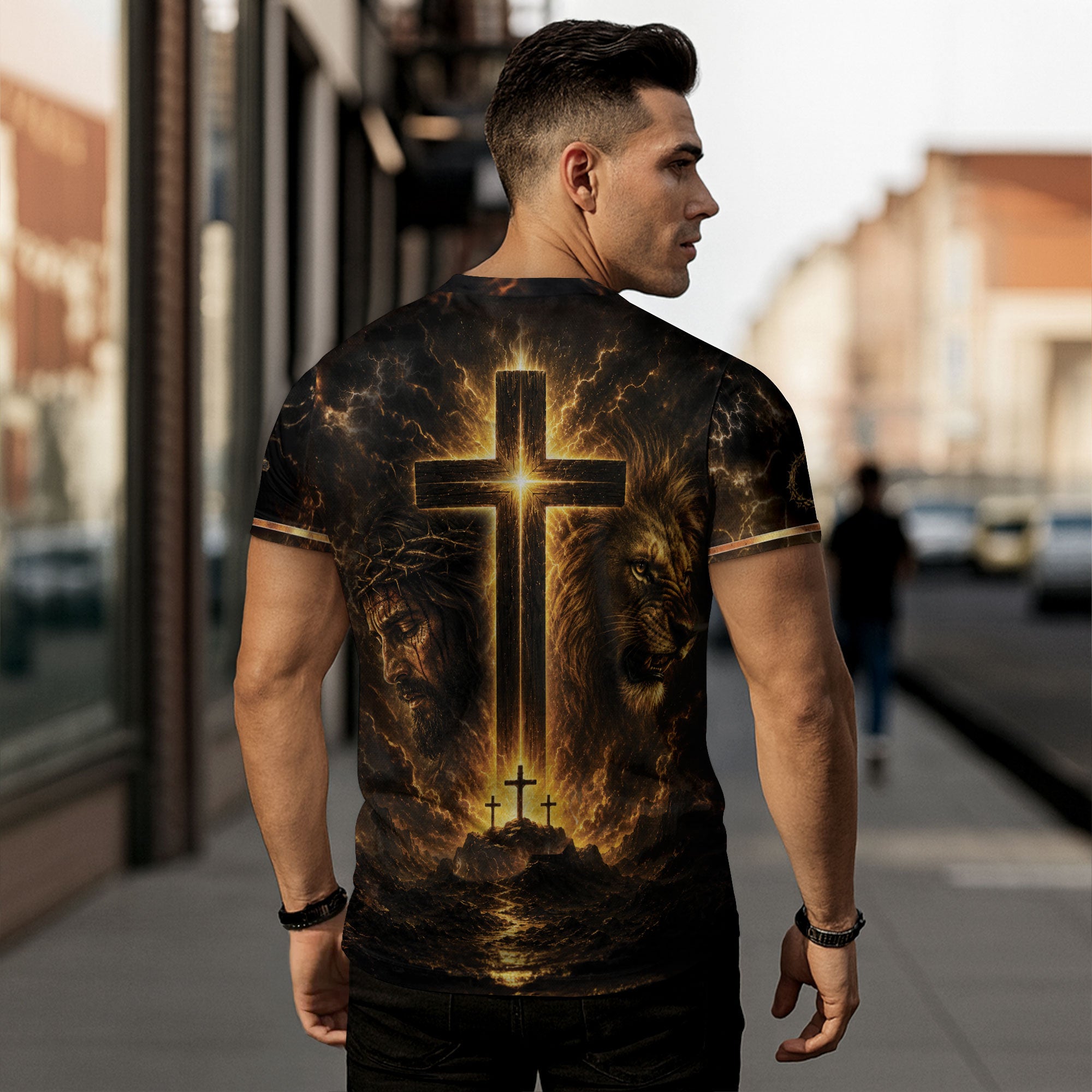Faith Over Fear Lion Cross Warrior 3D Graphic Christian T Shirt Apparel Men Clothing