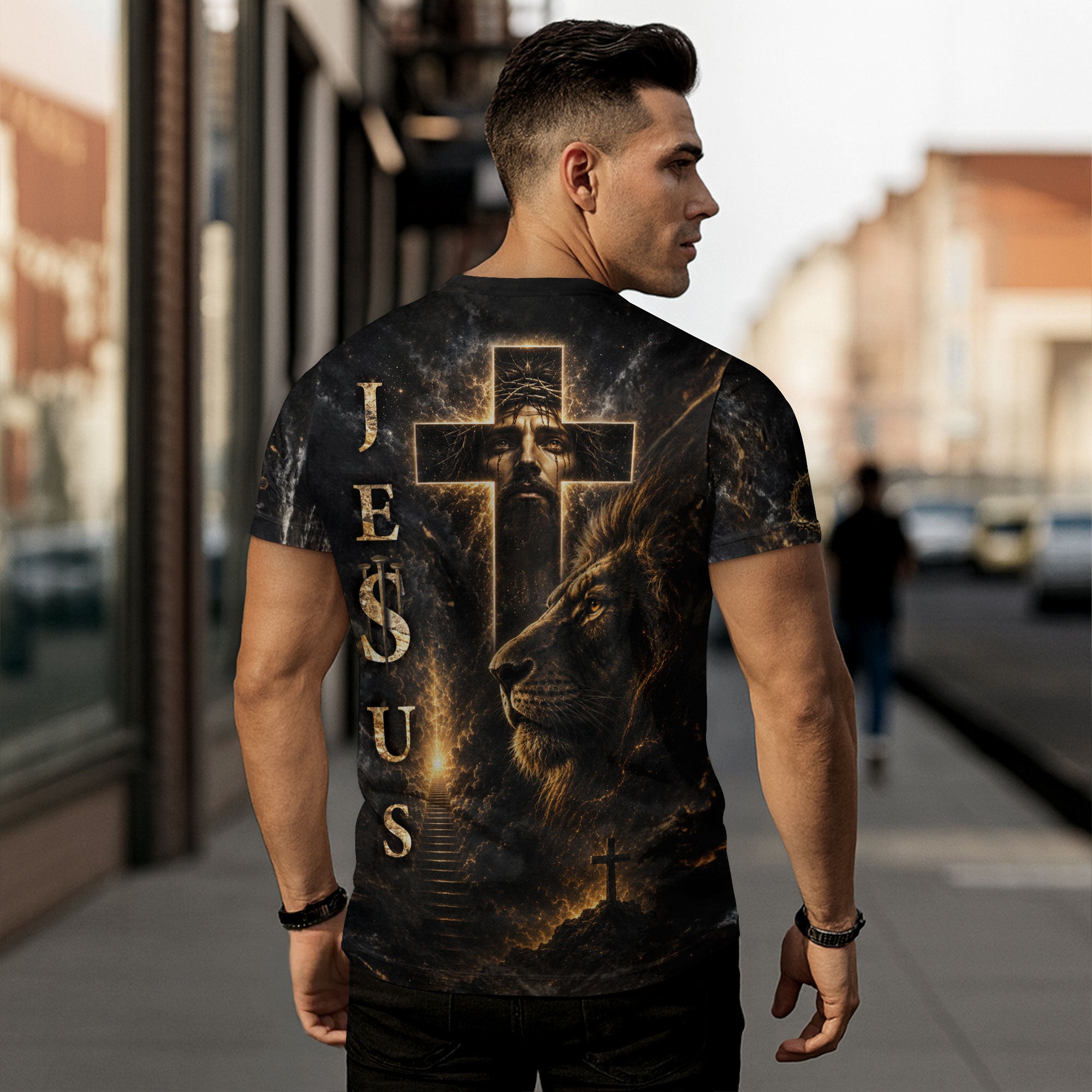 Faith Over Fear Jesus Lion Cross 3D Graphic Christian T Shirt Apparel Men Clothing