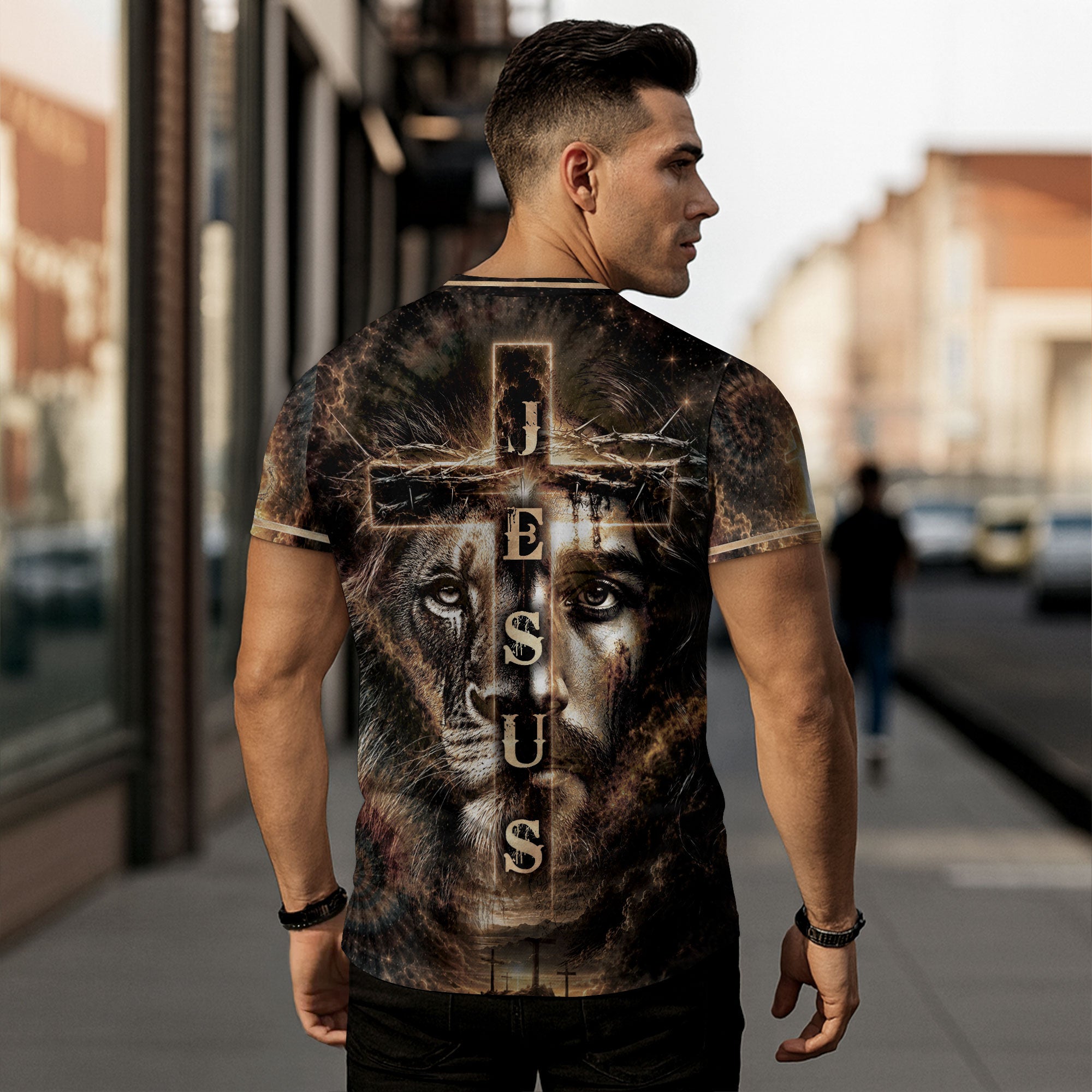 Jesus Lion Cross Faith Over Fear 3D Graphic Christian T Shirt Apparel Men Clothing