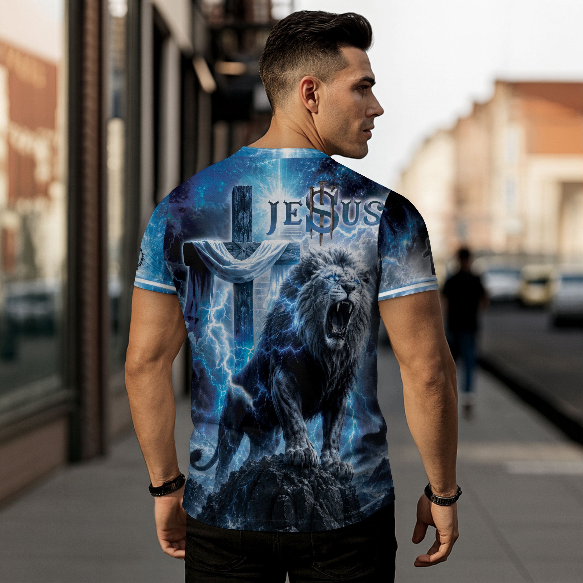 Faith Over Fear Lightning Lion Cross 3D Graphic Christian T Shirt Apparel Men Clothing