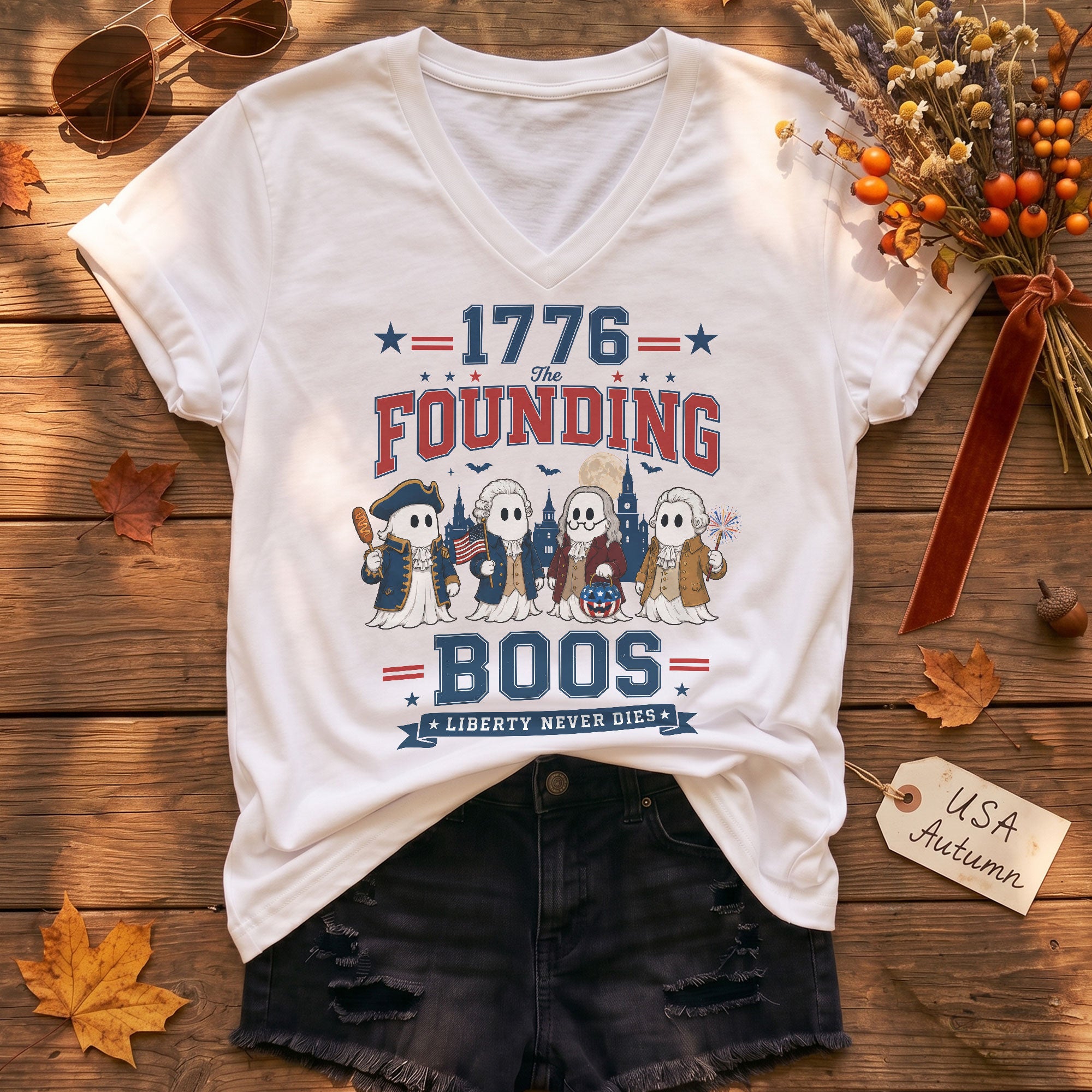 1776 Founding Boos V Neck Shirt Funny Patriotic Ghost Women Graphic Tee Vintage