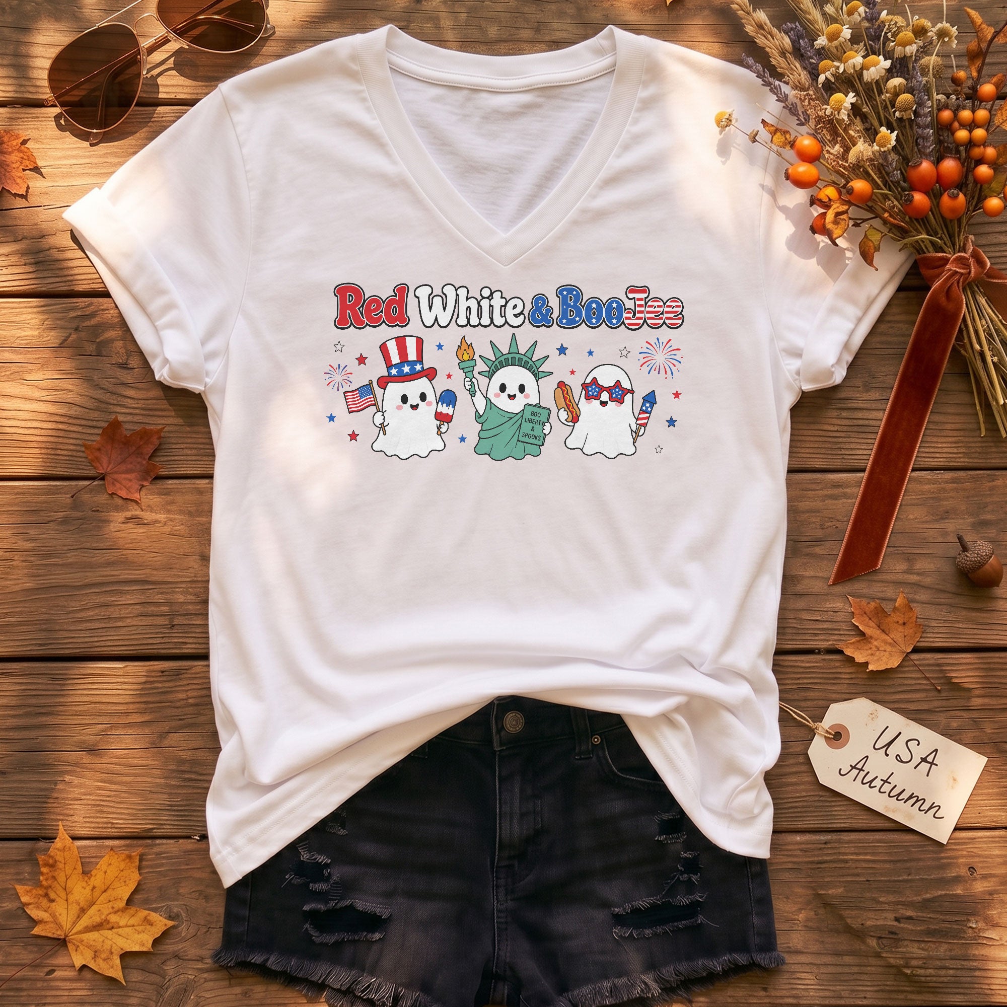 Red White And BooJee V Neck Shirt Cute Patriotic Ghost Women Graphic Tee