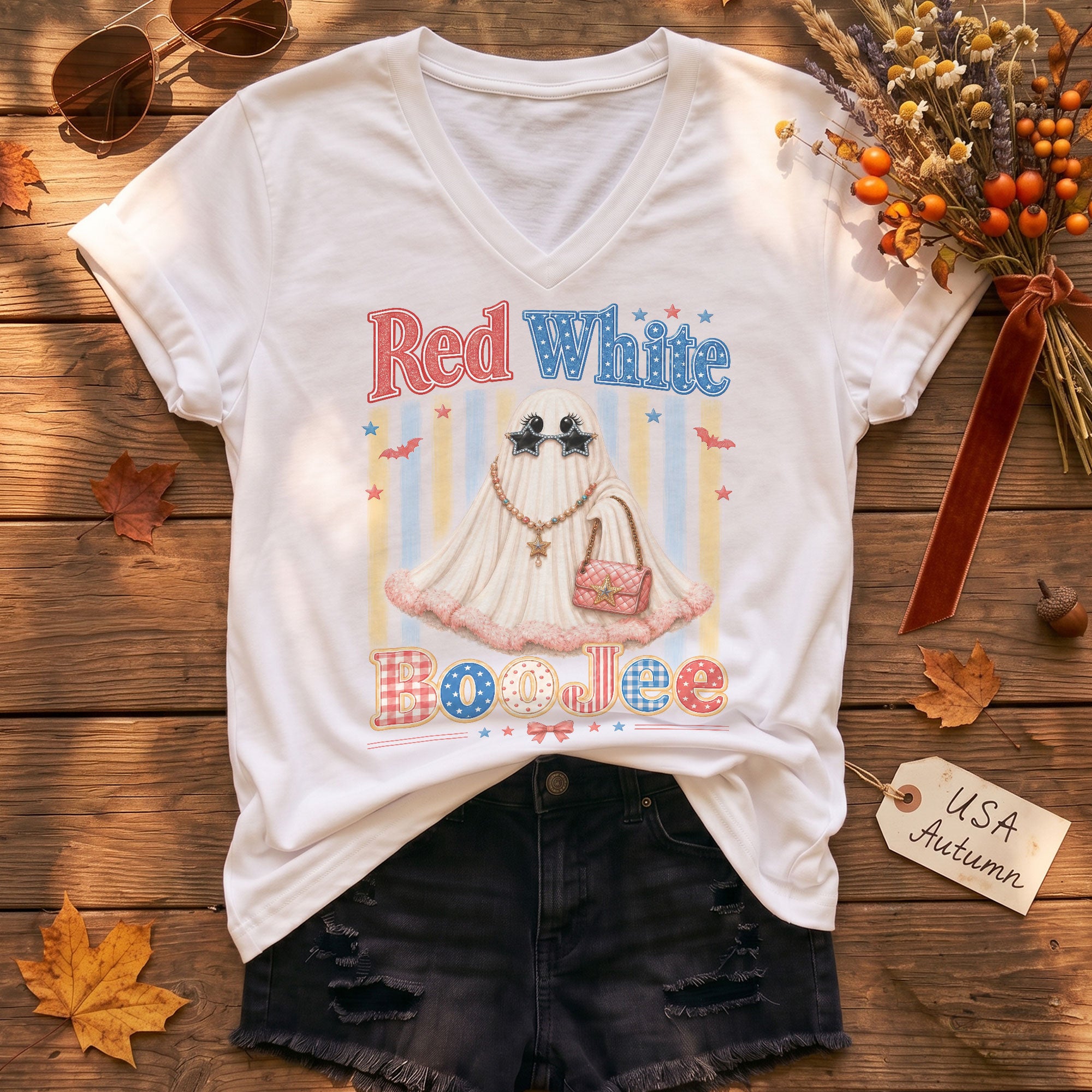 Red White BooJee V Neck Shirt Glam Ghost Fashion Patriotic Women Graphic Tee