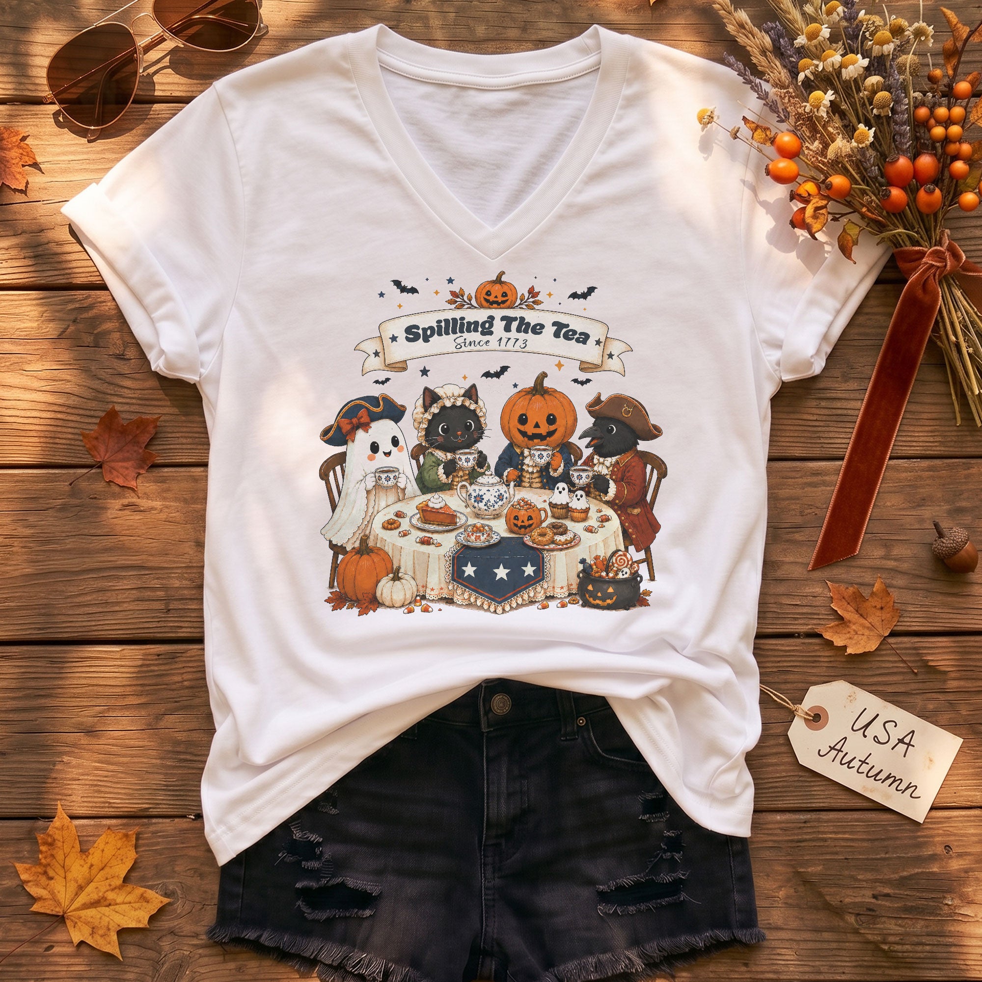 Spilling The Tea Since 1773 V Neck Shirt Funny Ghost Pumpkin Women Graphic Tee