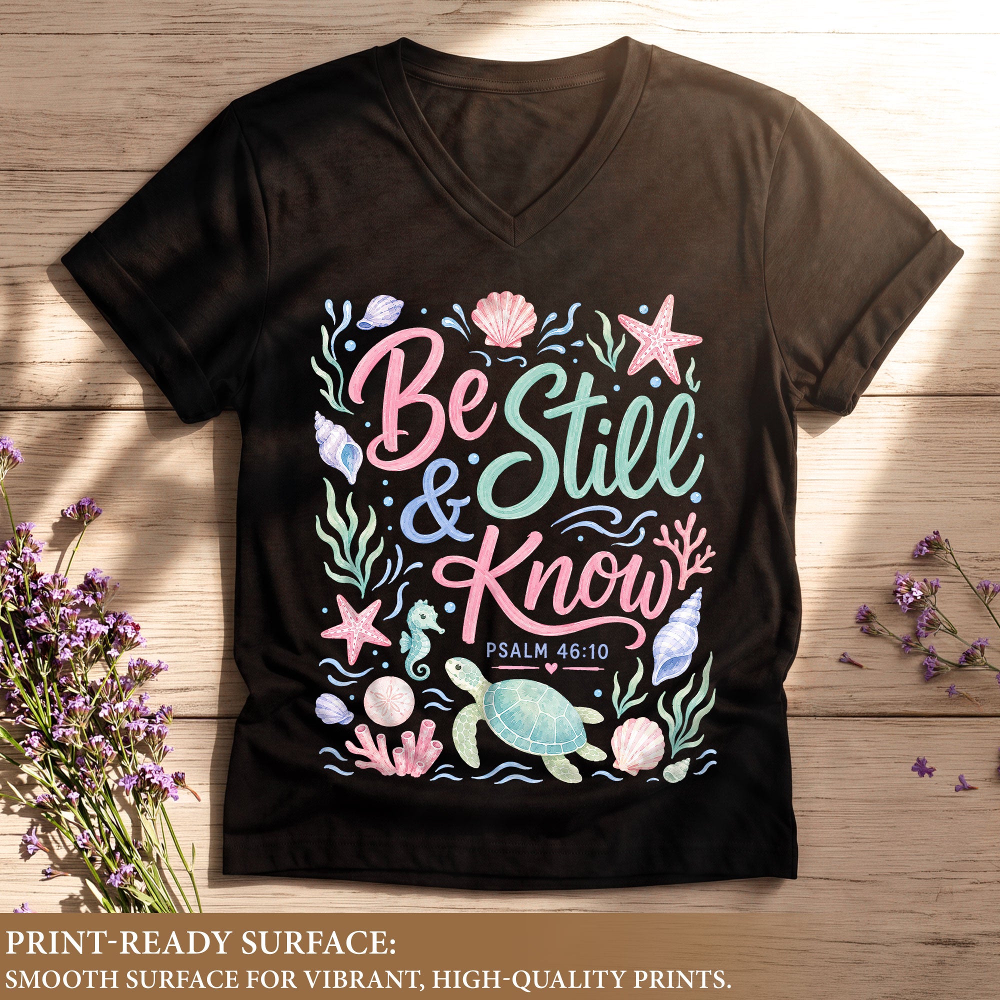 Be Still And Know Sea Turtle Ocean Psalm 46 10 Graphic Christian V Neck Shirt Women